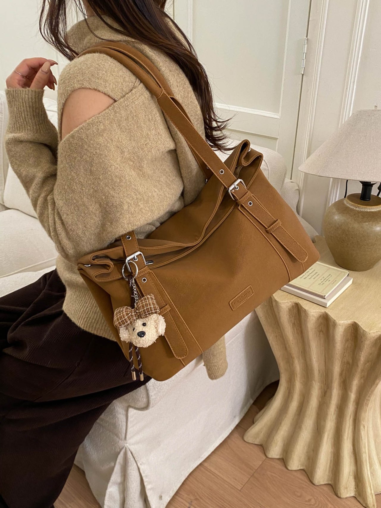 Brown Tote Shoulder Bag with Charm