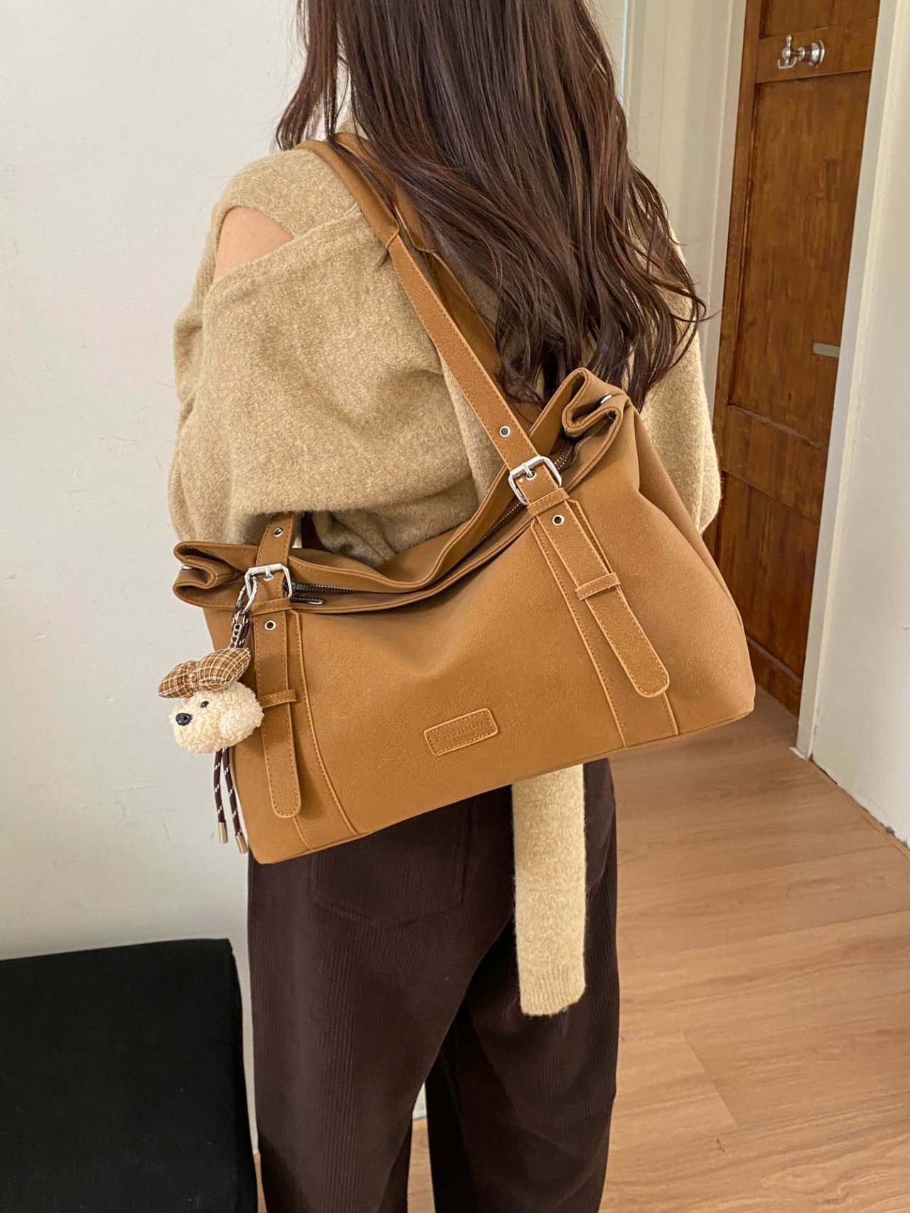 Brown Tote Shoulder Bag with Charm