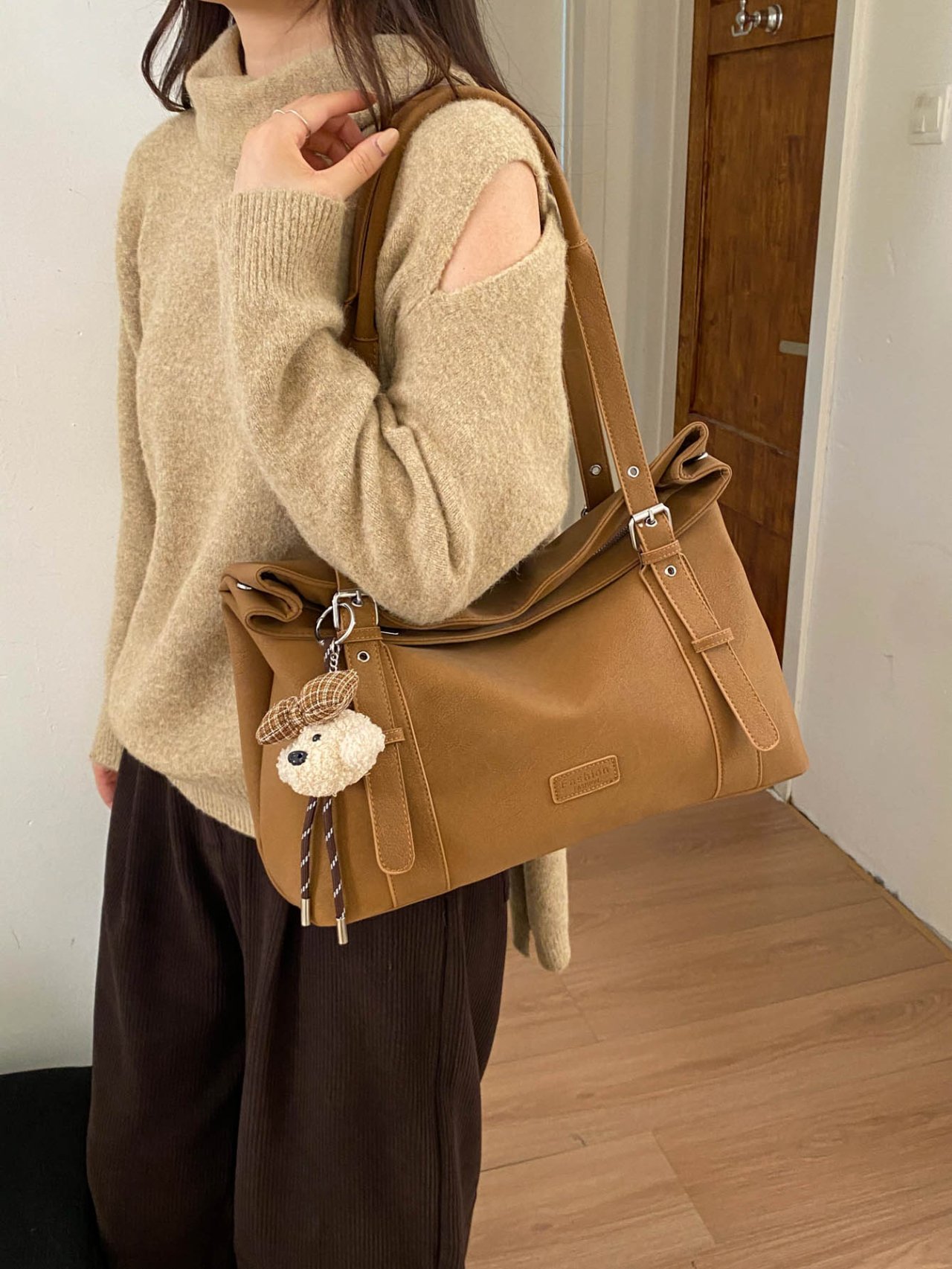 Brown Tote Shoulder Bag with Charm