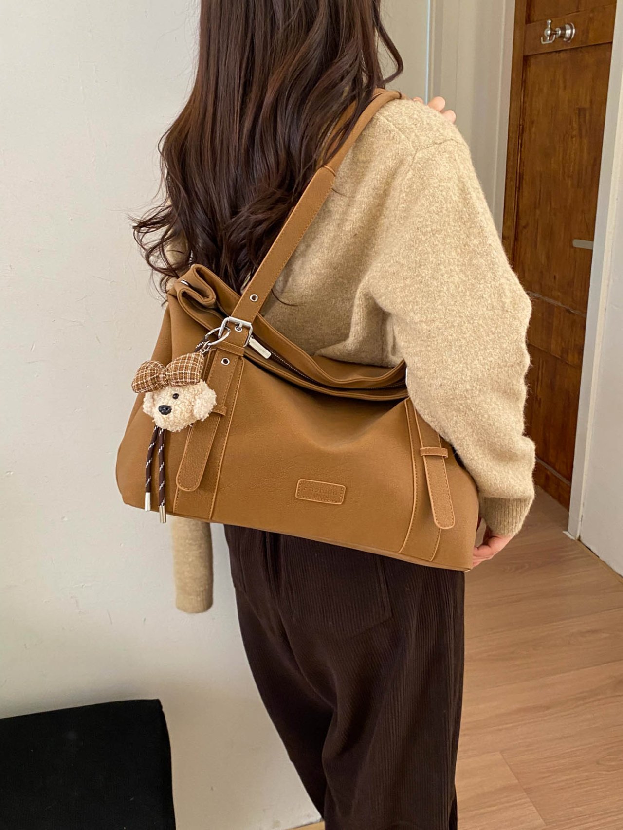 Brown Tote Shoulder Bag with Charm
