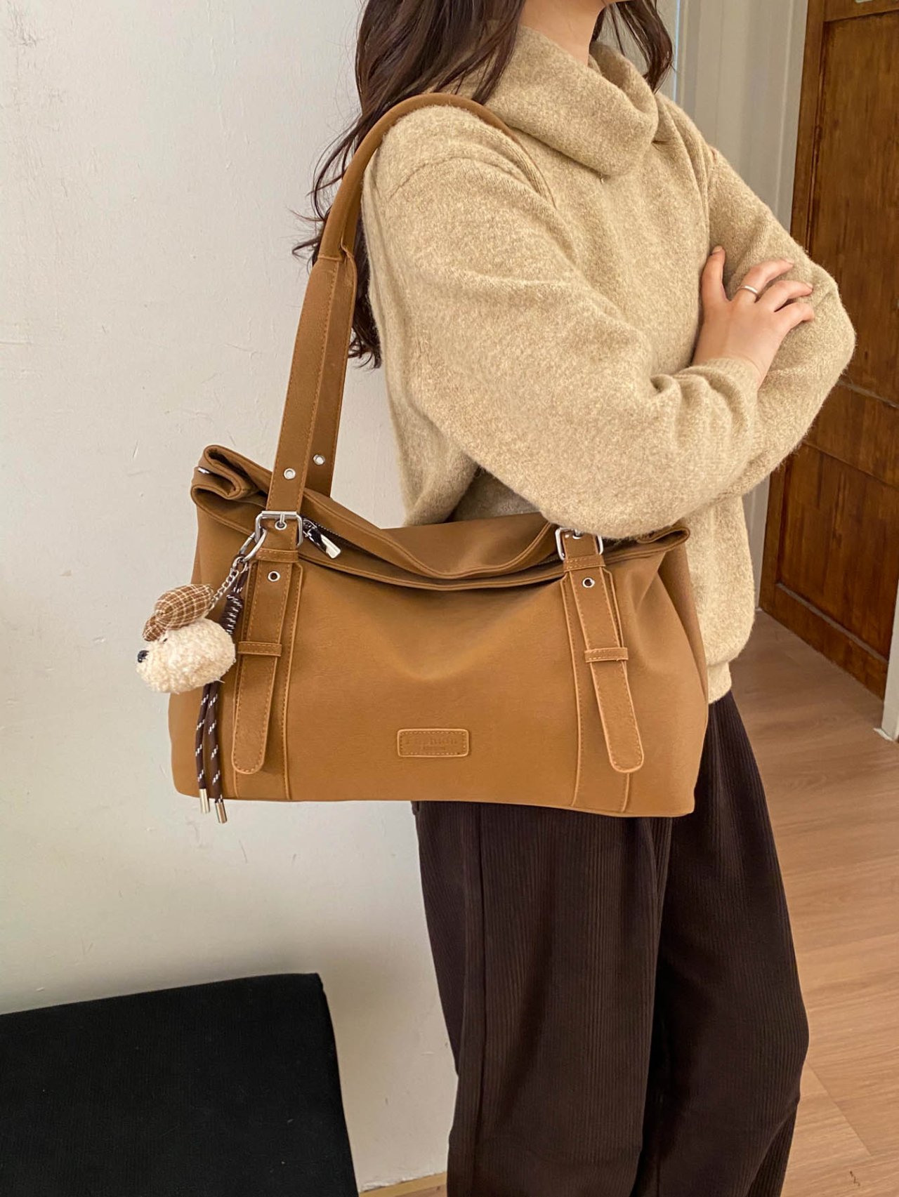 Brown Tote Shoulder Bag with Charm