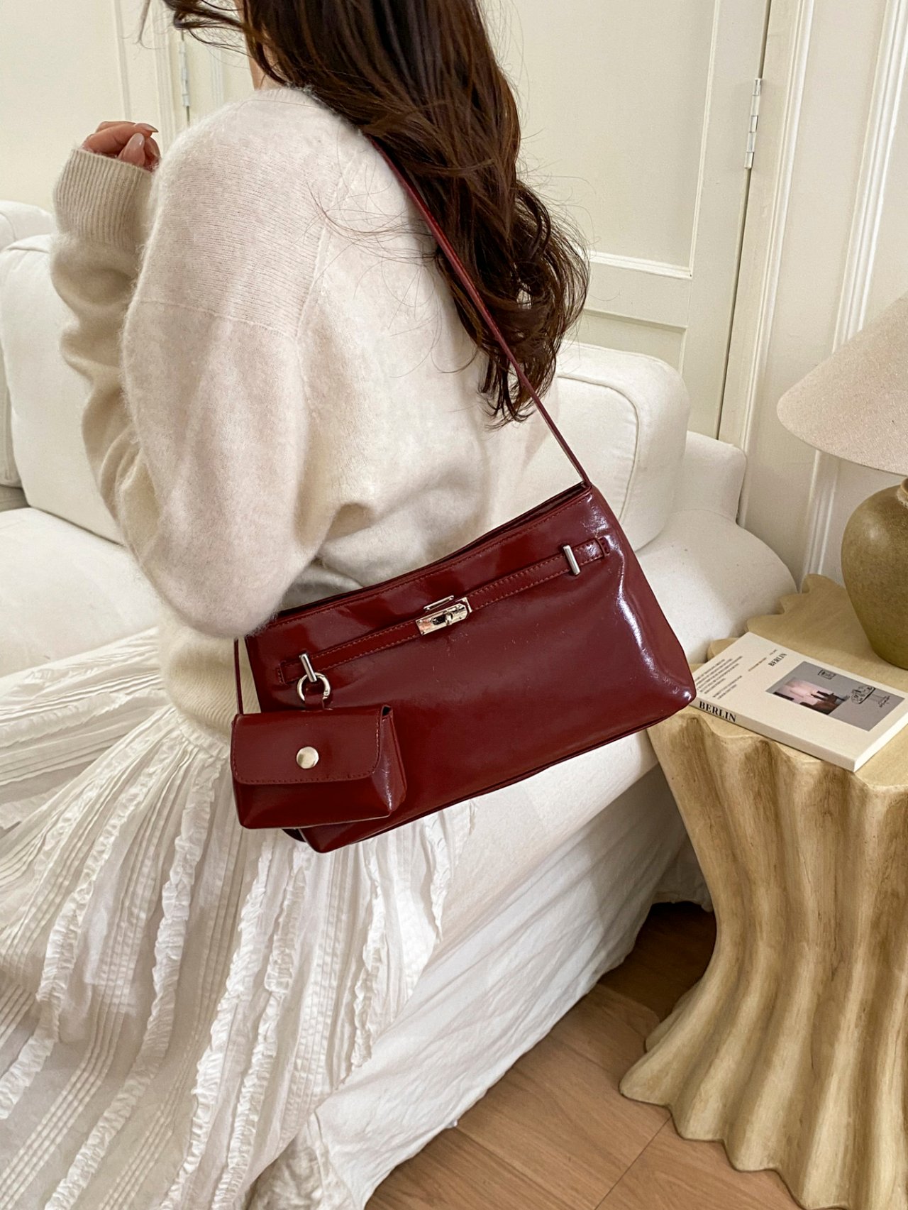 Red Patent Faux Leather Shoulder Tote Bag