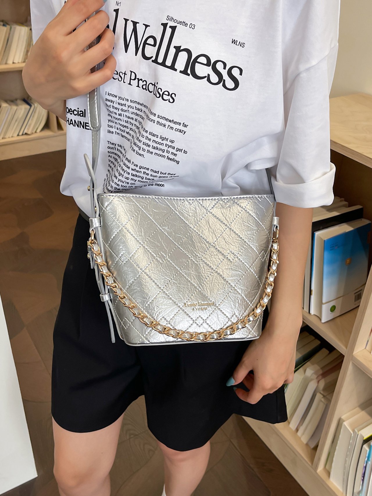 Silver Quilted Tote Crossbody Bag
