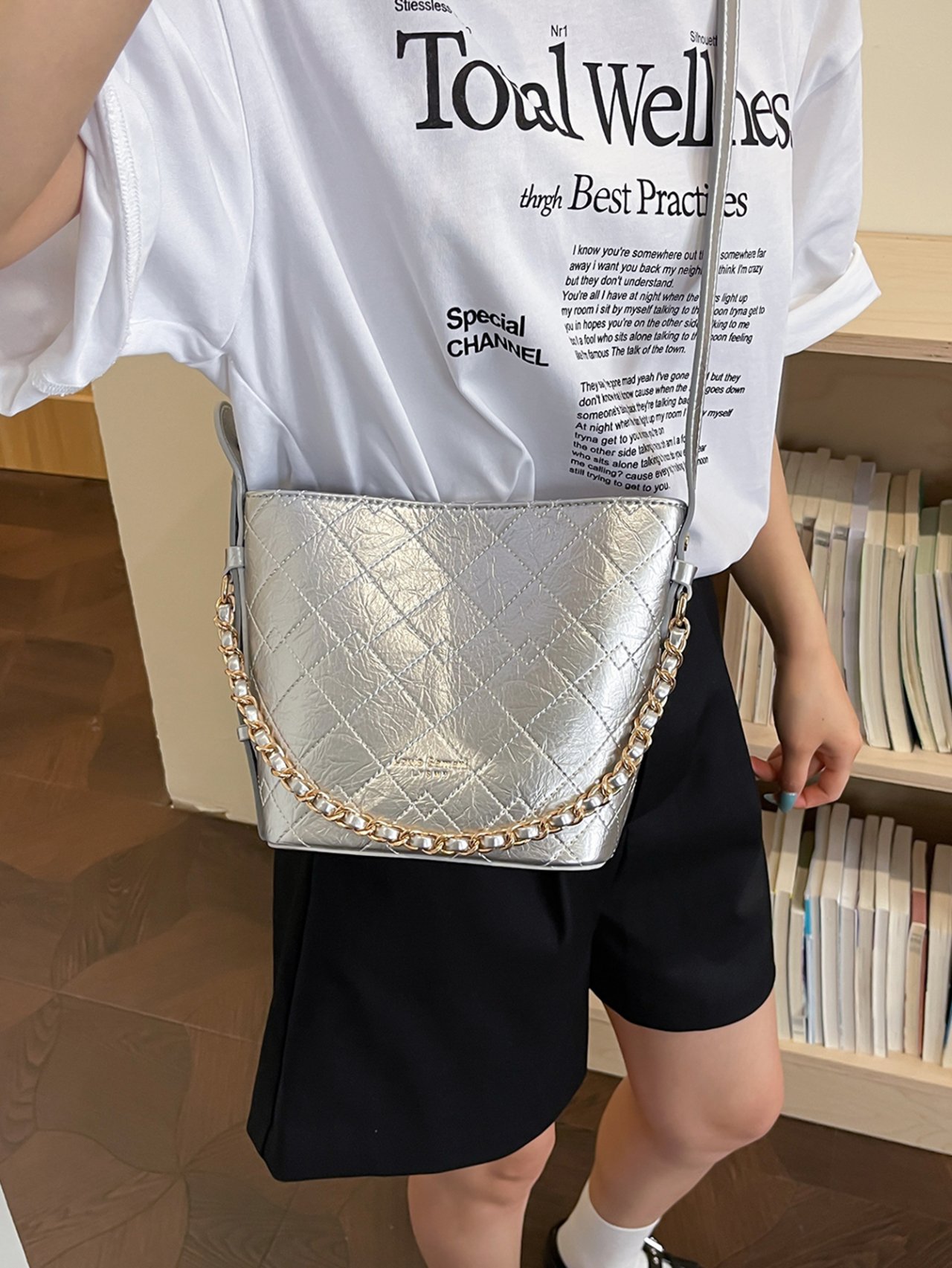 Silver Quilted Tote Crossbody Bag