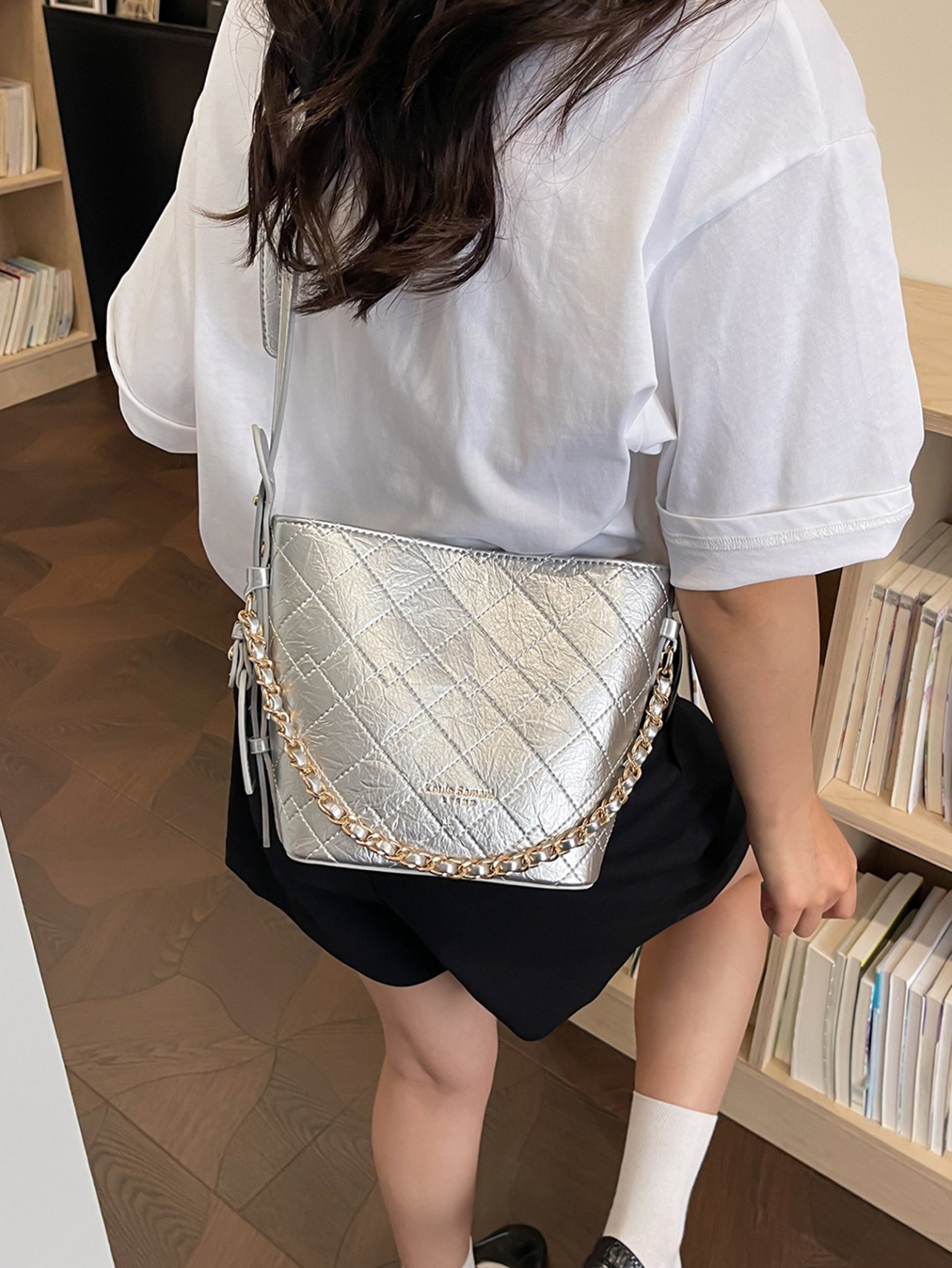Silver Quilted Tote Crossbody Bag