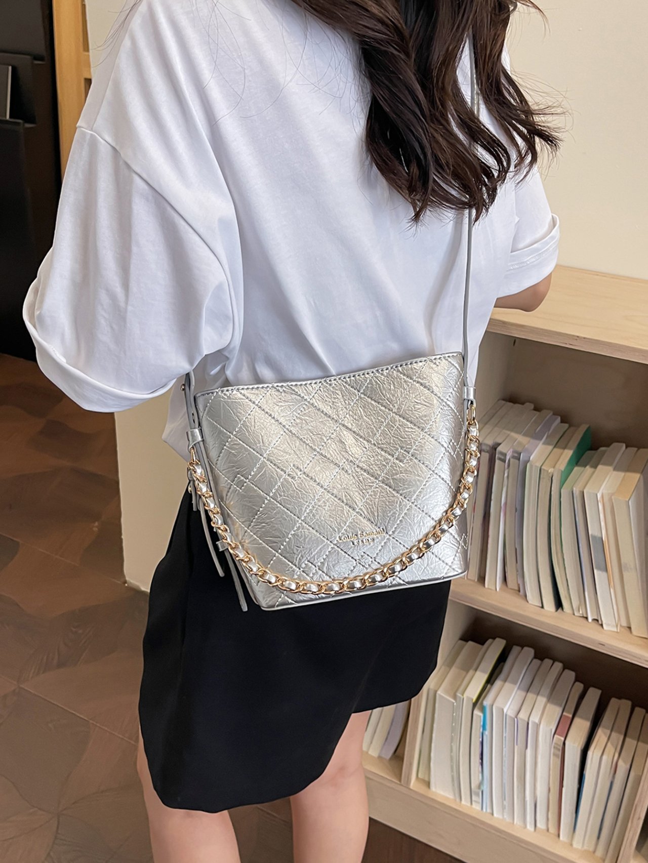 Silver Quilted Tote Crossbody Bag
