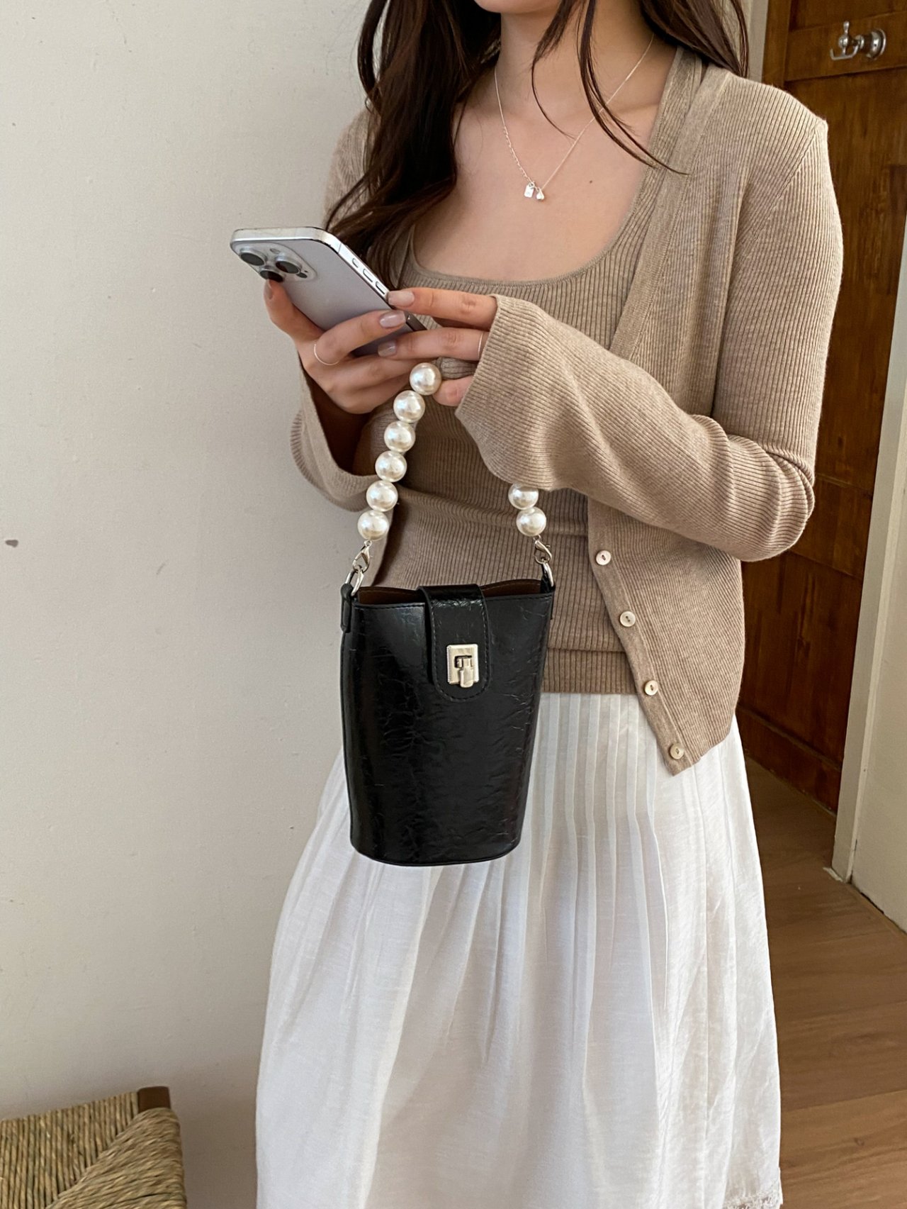 Black Bucket Handbag with Pearl Handle