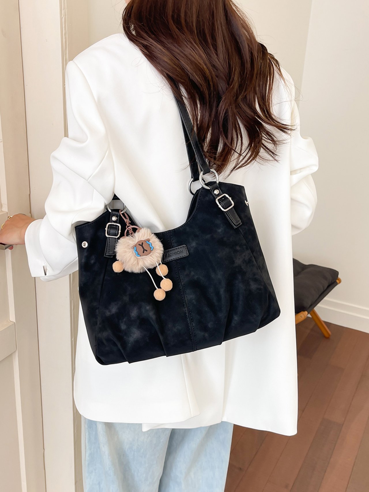Black Suede Tote Shoulder Bag with Charm