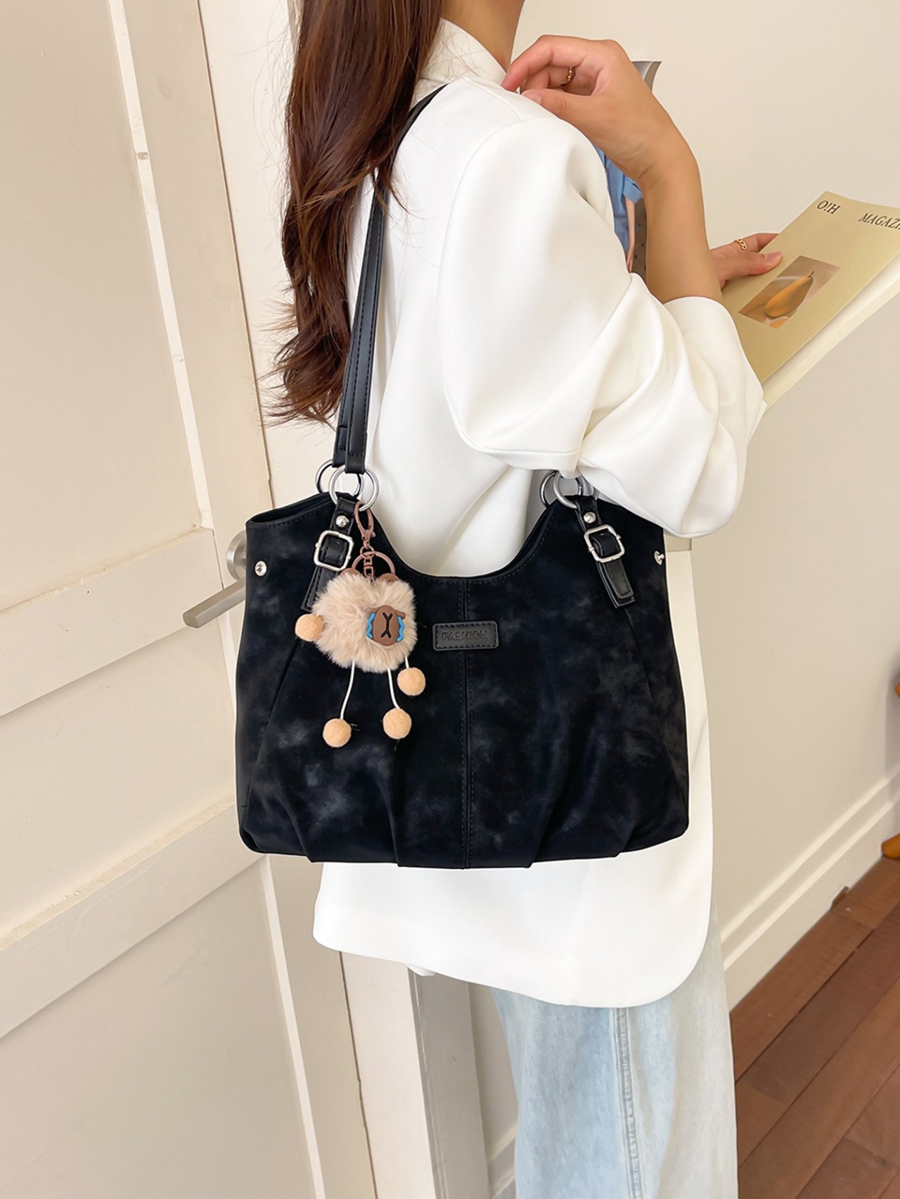 Black Suede Tote Shoulder Bag with Charm