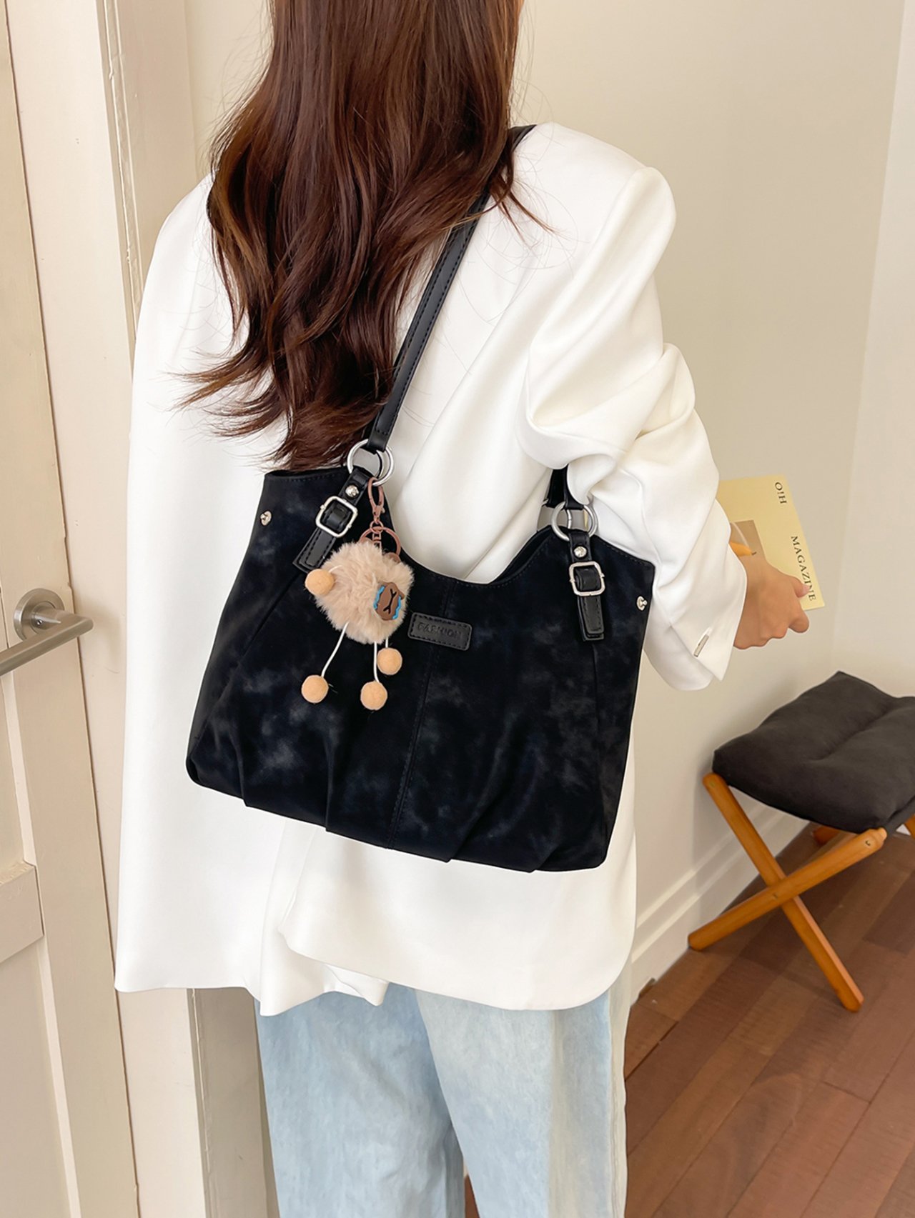 Black Suede Tote Shoulder Bag with Charm