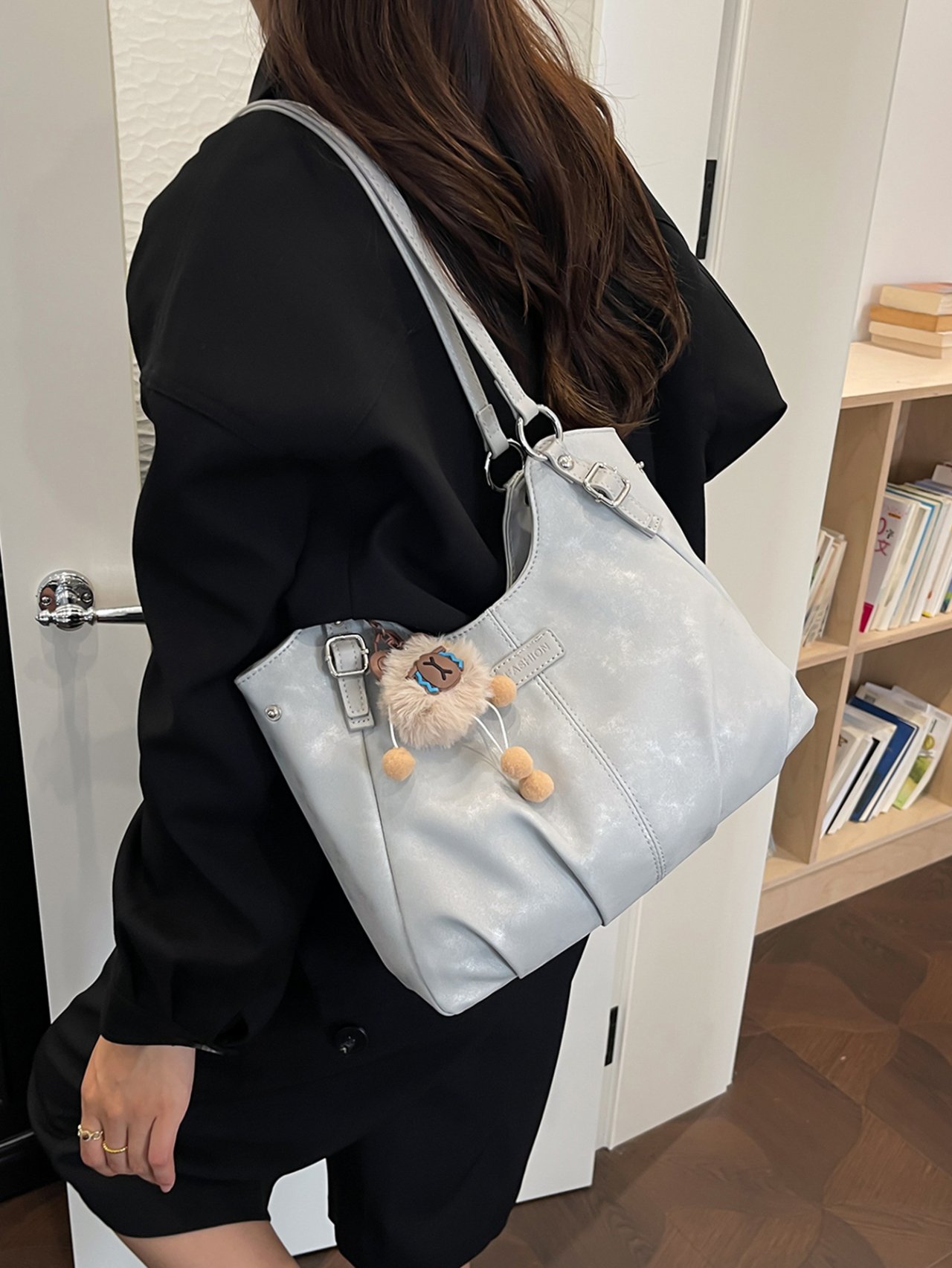 Silver Tote Shoulder Bag with Pendant Accent