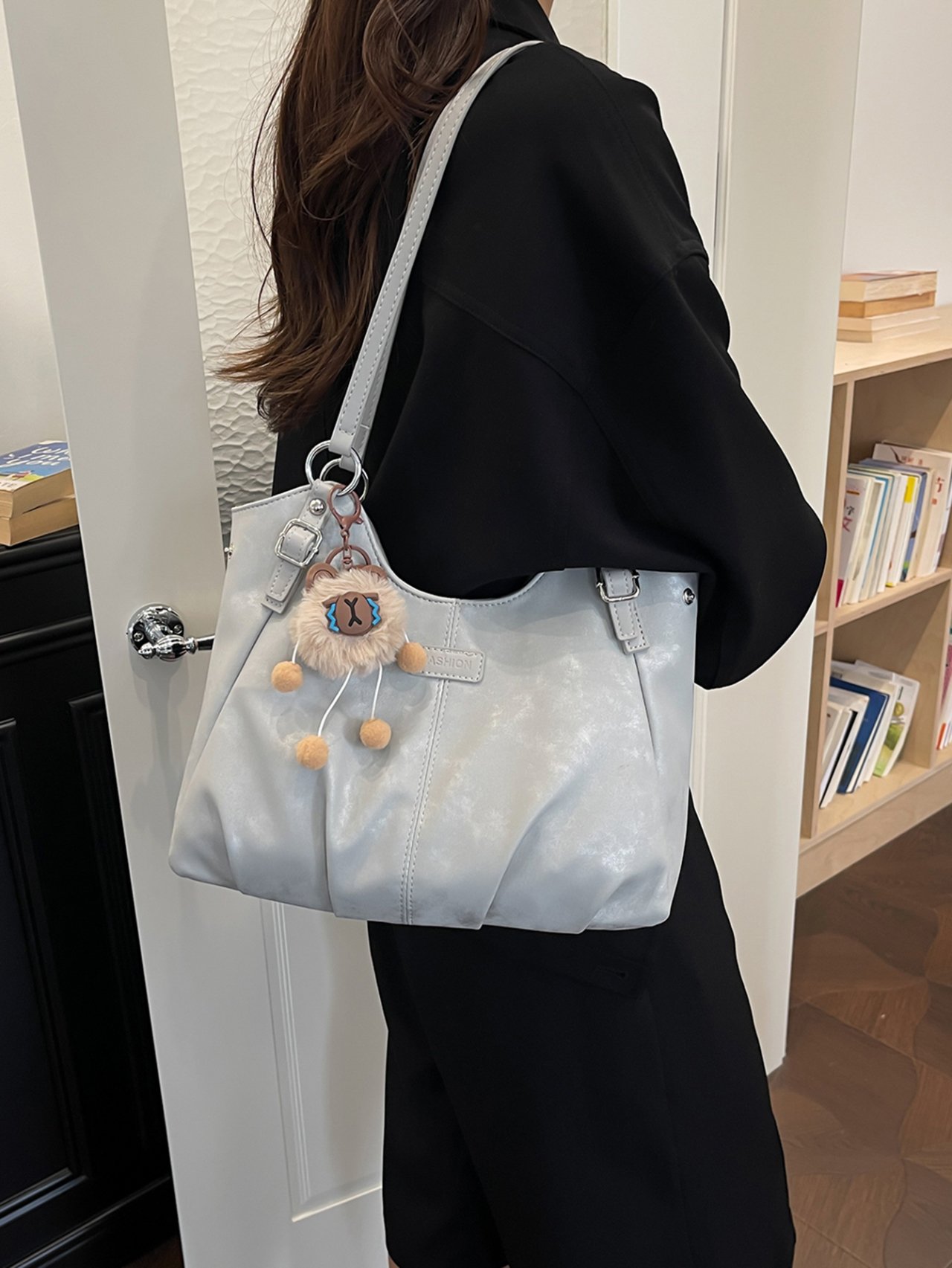 Silver Tote Shoulder Bag with Pendant Accent