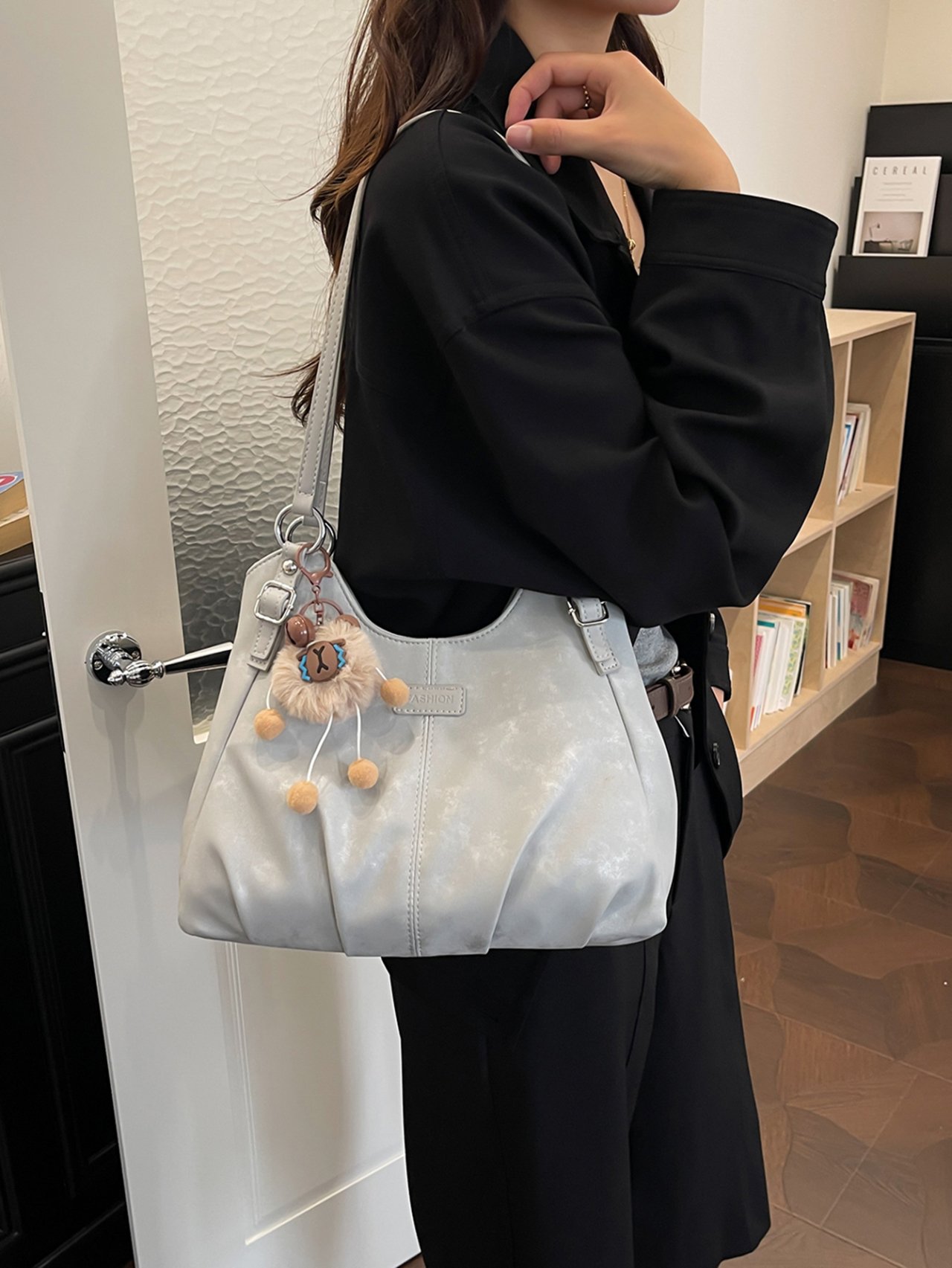 Silver Tote Shoulder Bag with Pendant Accent