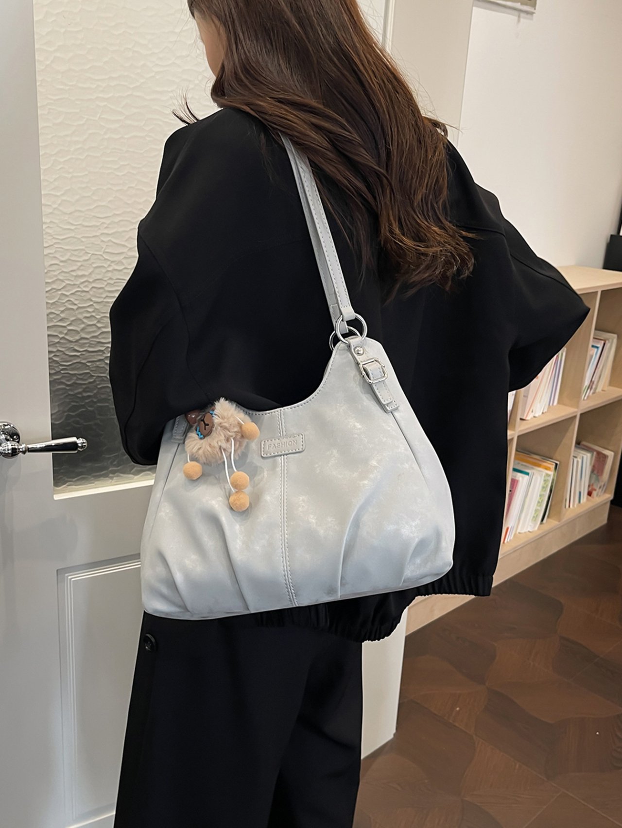 Silver Tote Shoulder Bag with Pendant Accent