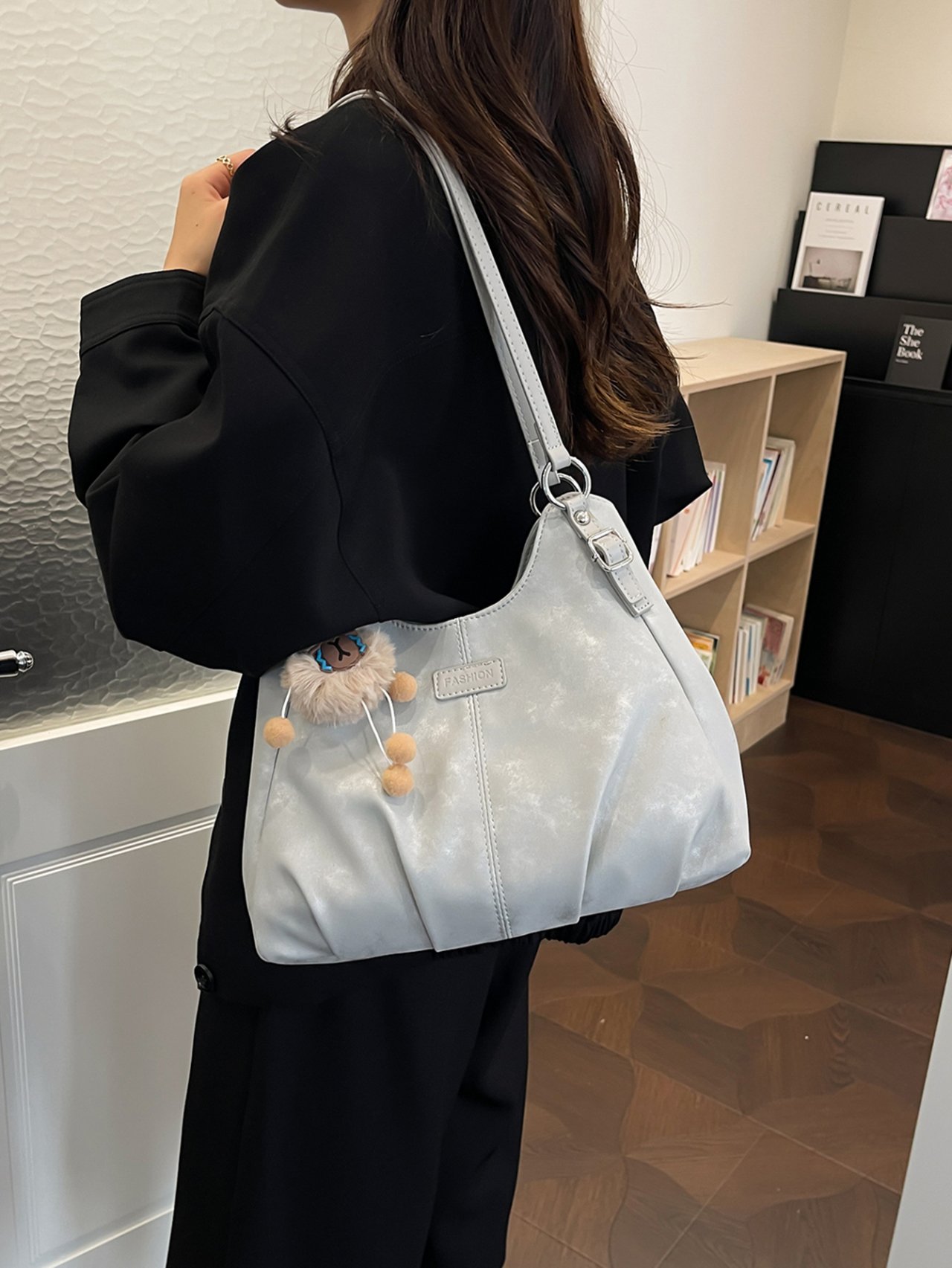 Silver Tote Shoulder Bag with Pendant Accent