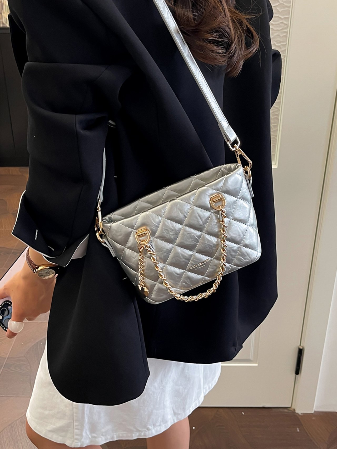 Silver Quilted Crossbody Tote Bag