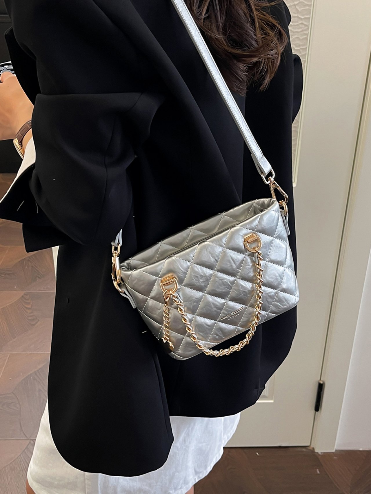 Silver Quilted Crossbody Tote Bag
