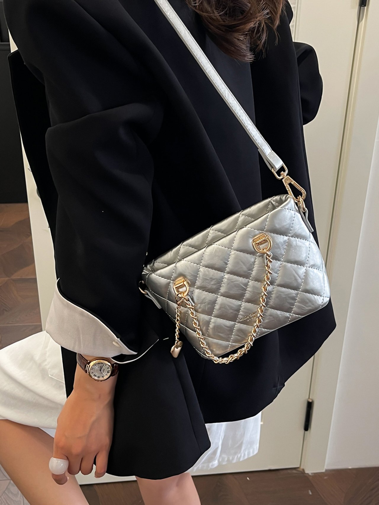 Silver Quilted Crossbody Tote Bag