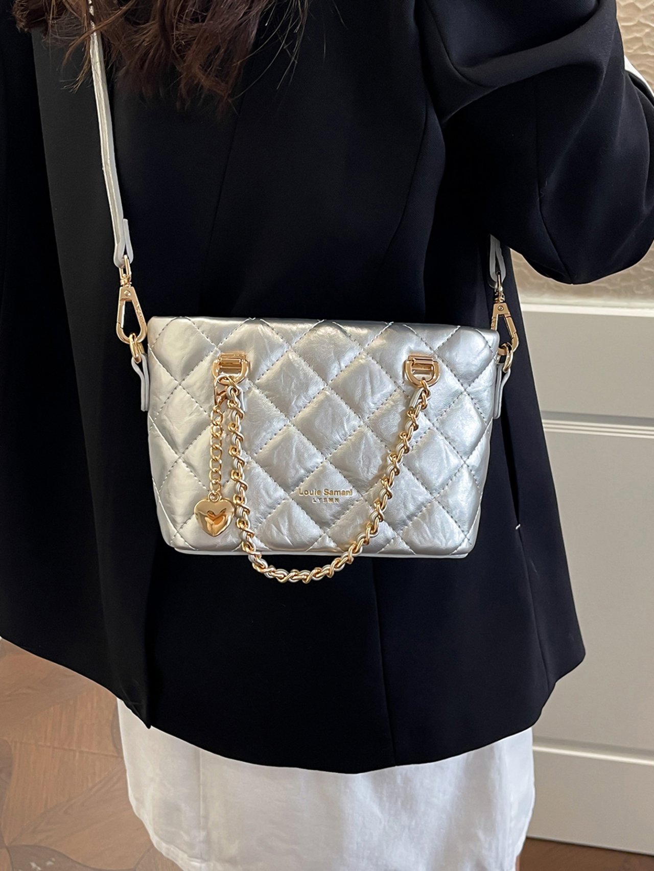 Silver Quilted Crossbody Tote Bag