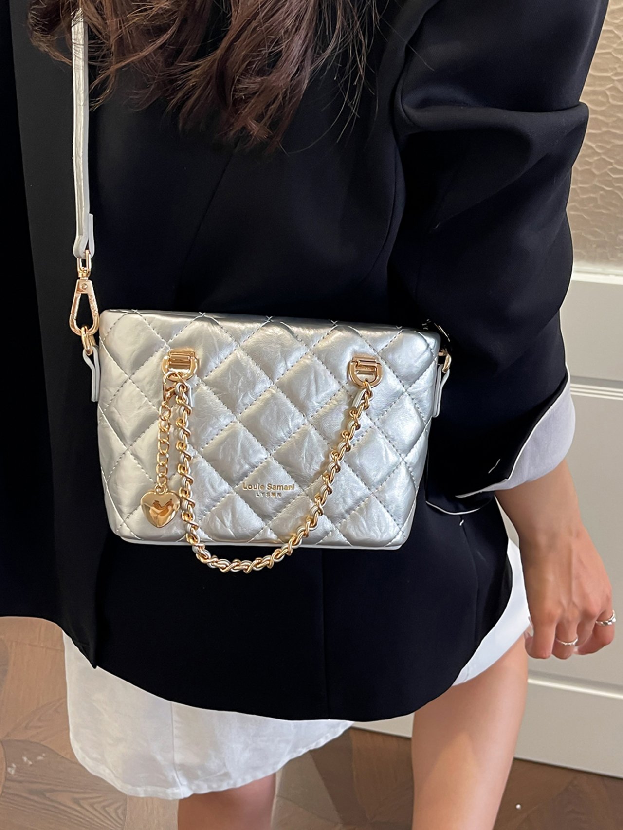 Silver Quilted Crossbody Tote Bag