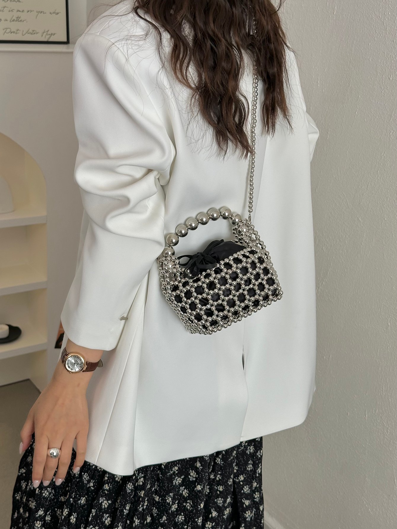 Black Beaded Crossbody Bag with Silver Chain