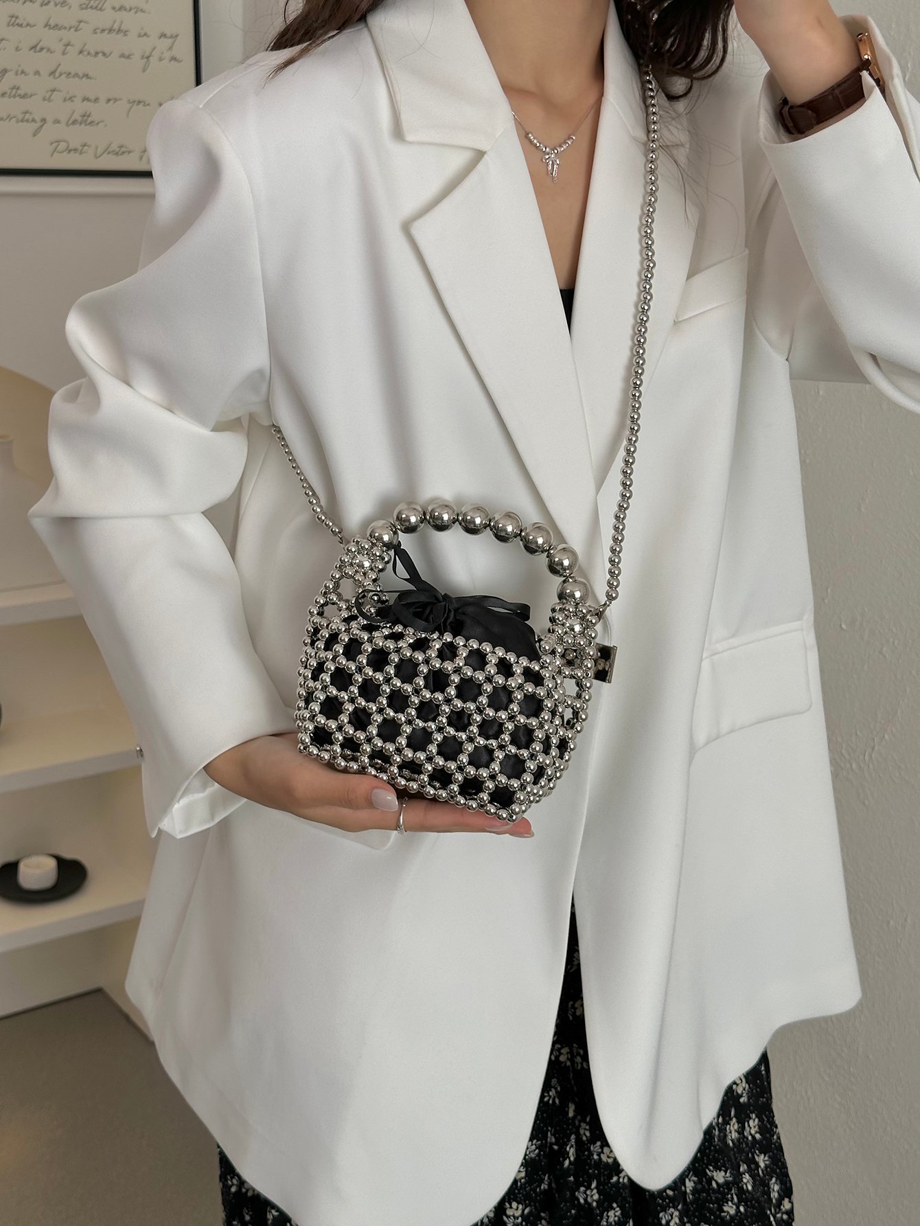 Black Beaded Crossbody Bag with Silver Chain