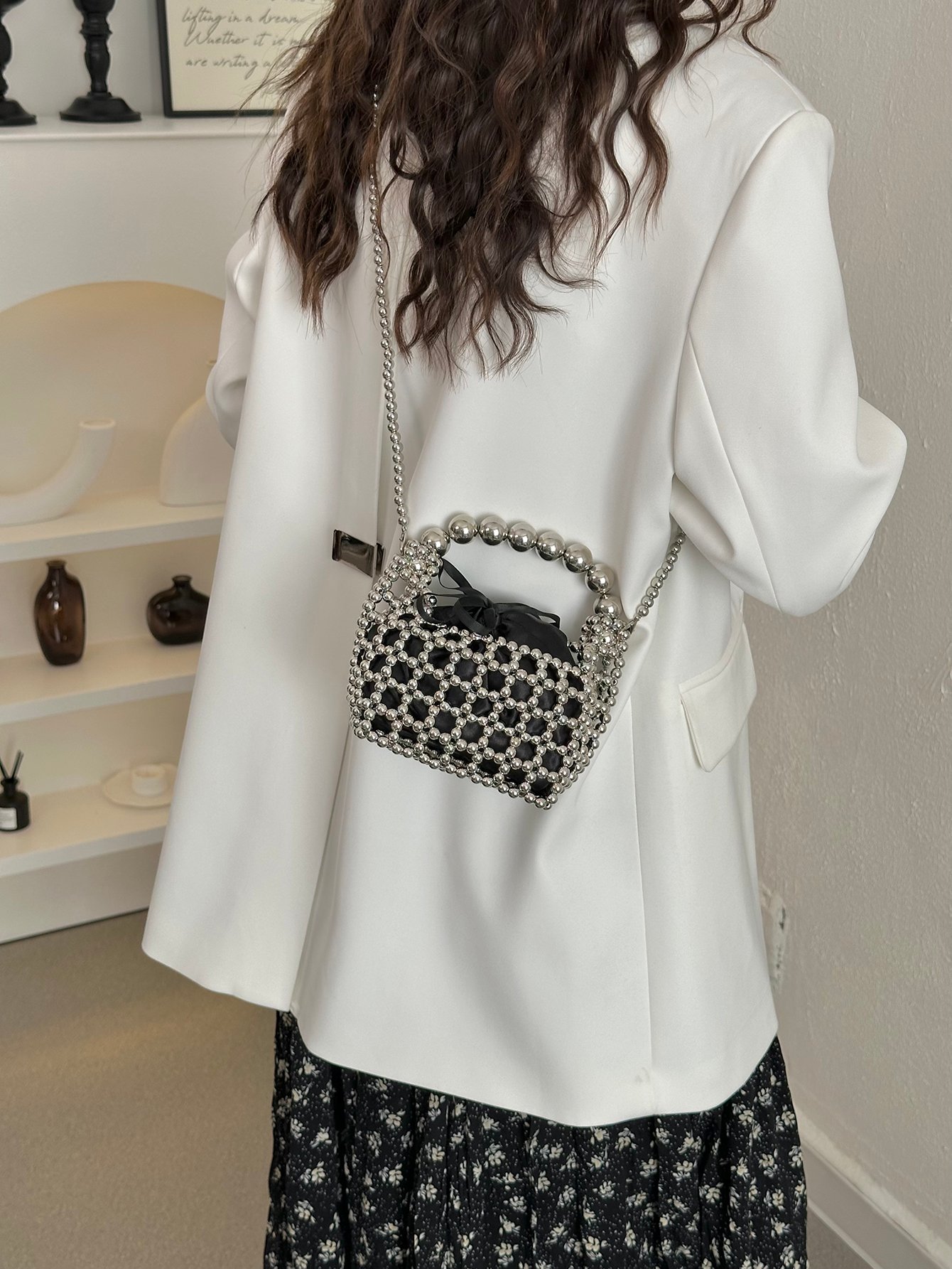 Black Beaded Crossbody Bag with Silver Chain