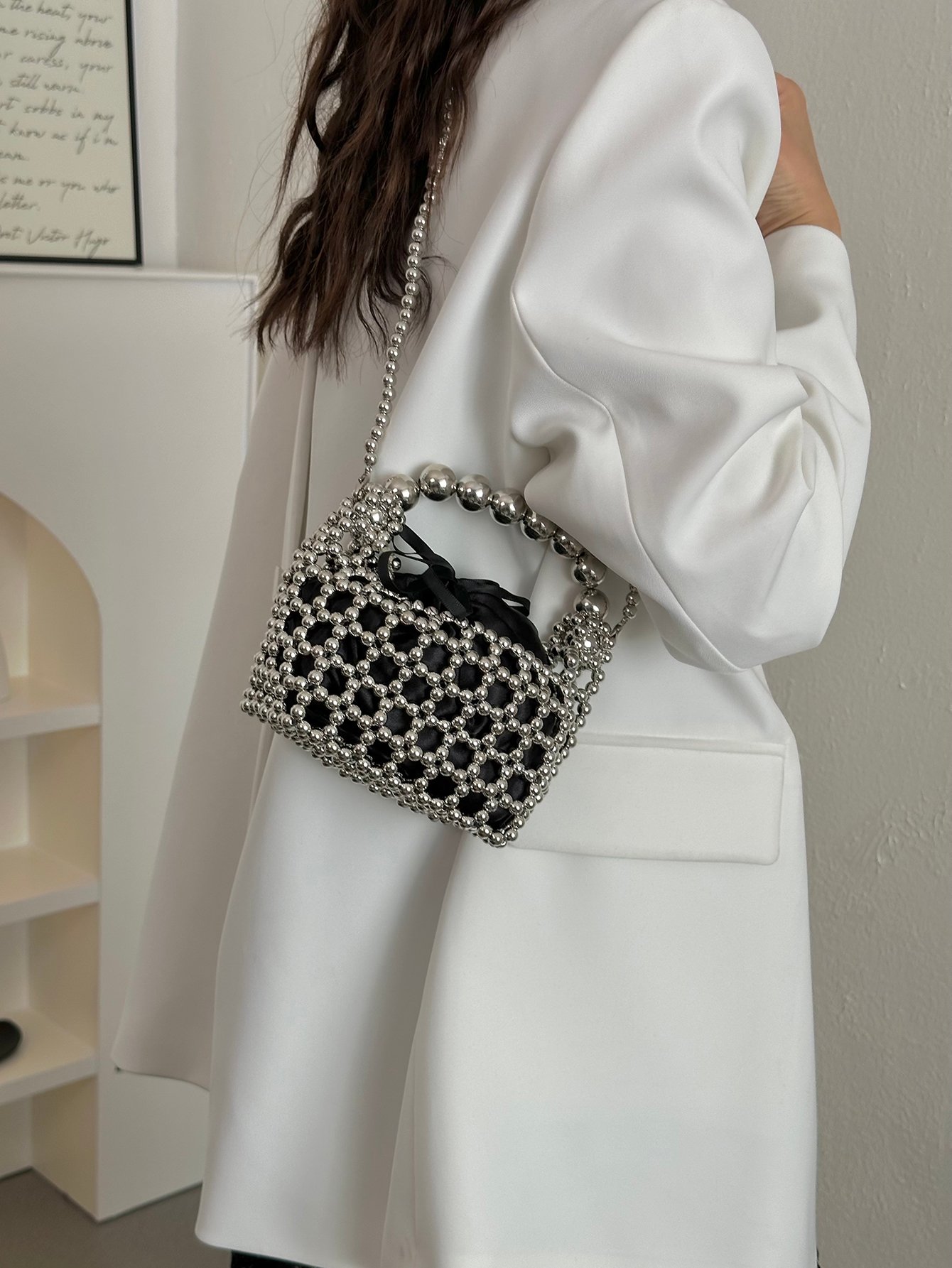 Black Beaded Crossbody Bag with Silver Chain