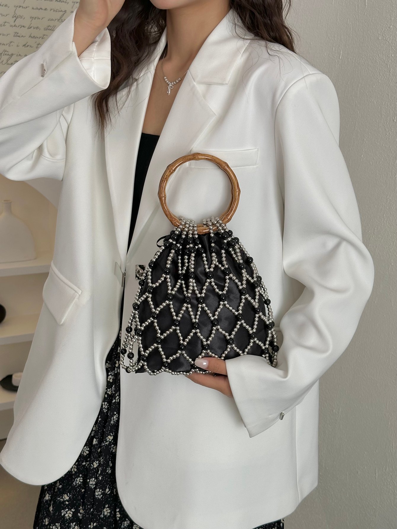 Black Beaded Handbag with Wooden Handle