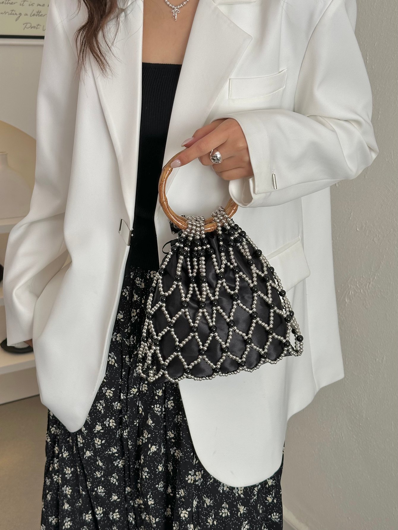 Black Beaded Handbag with Wooden Handle