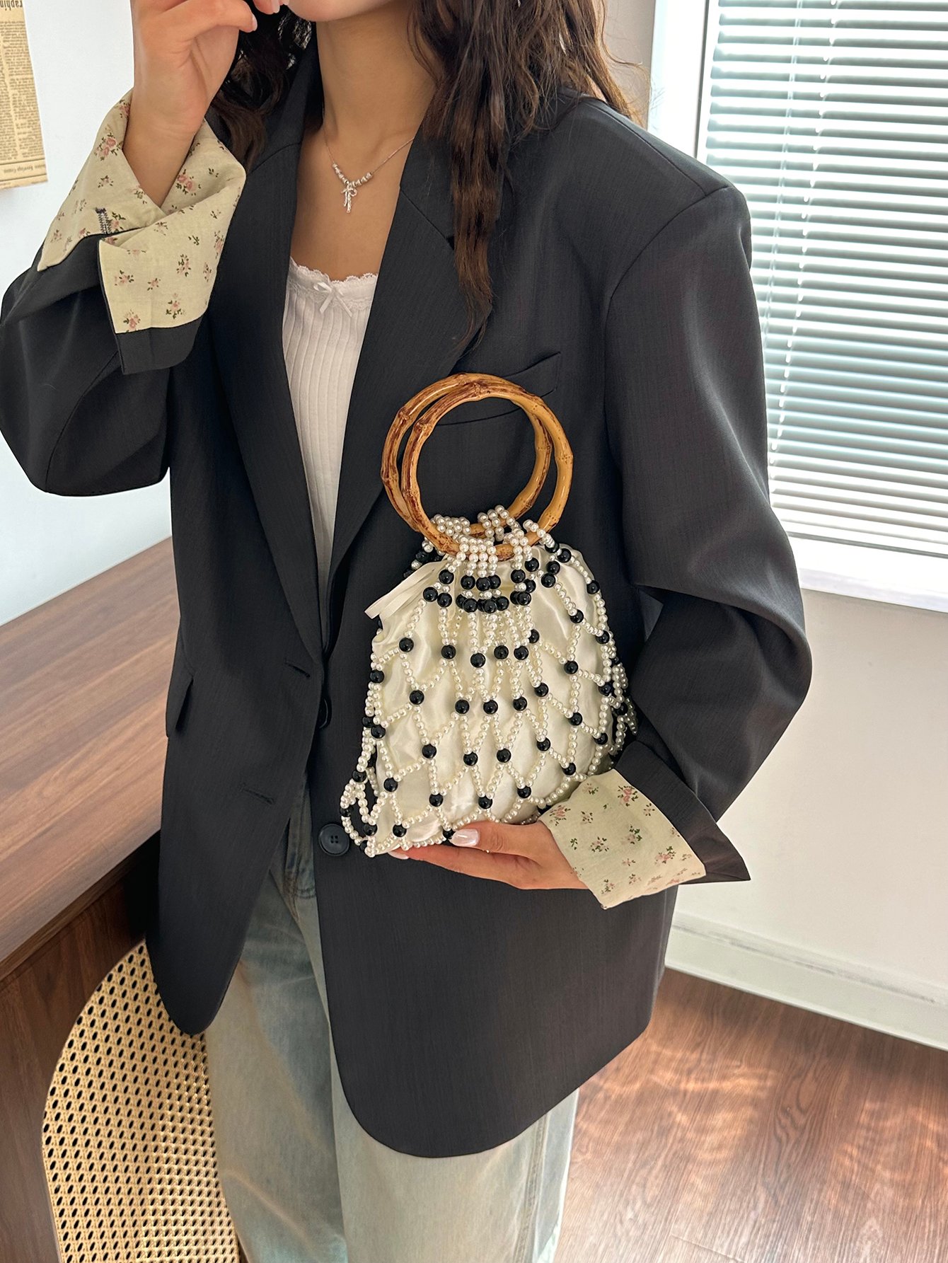 Off-White Pearl Embellished Tote Bag with Round Handle