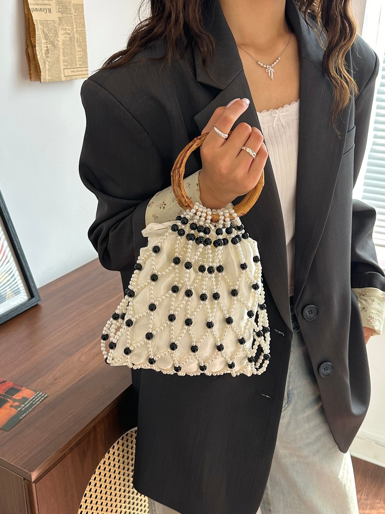 Off-White Pearl Embellished Tote Bag with Round Handle
