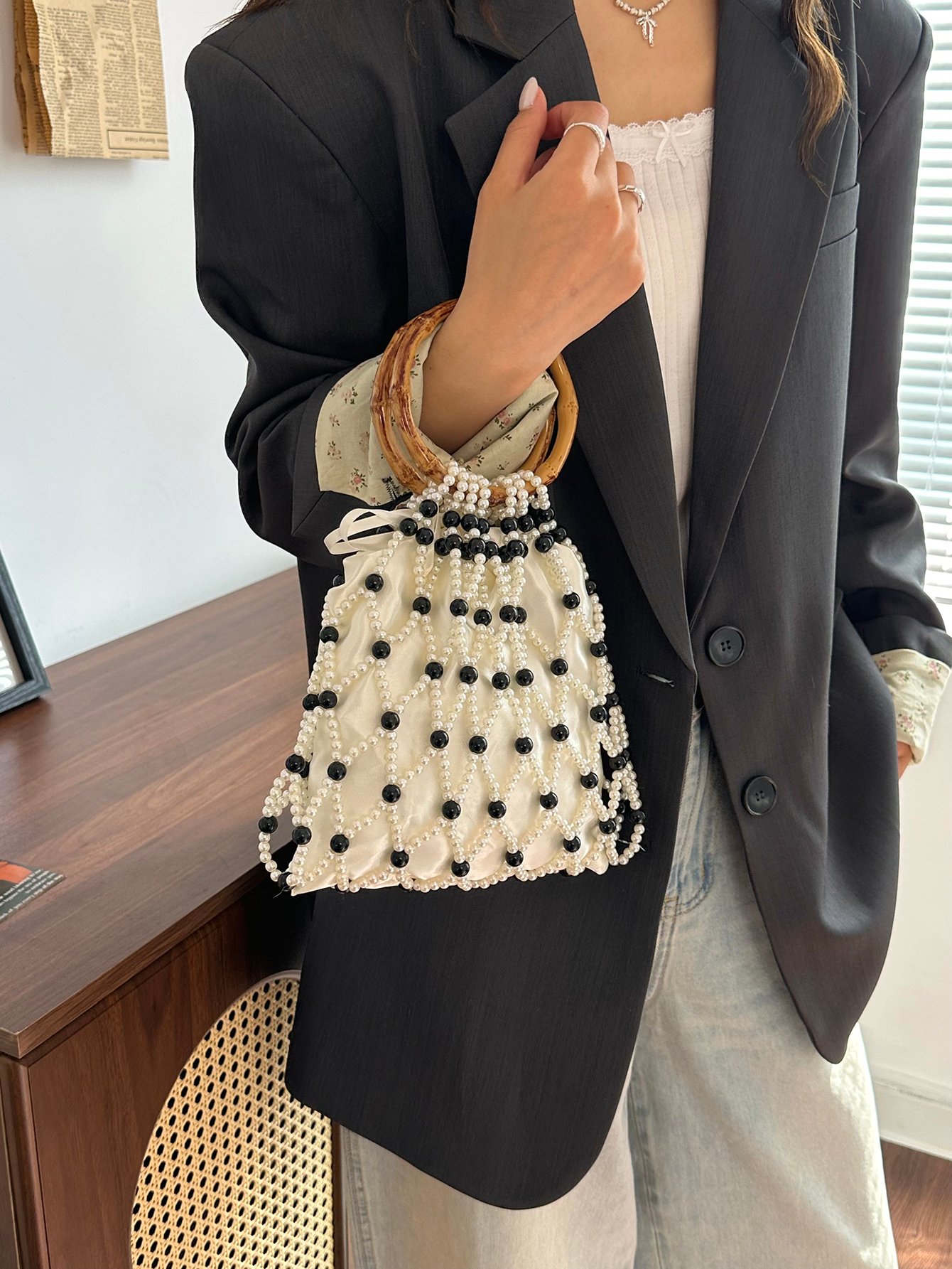 Off-White Pearl Embellished Tote Bag with Round Handle