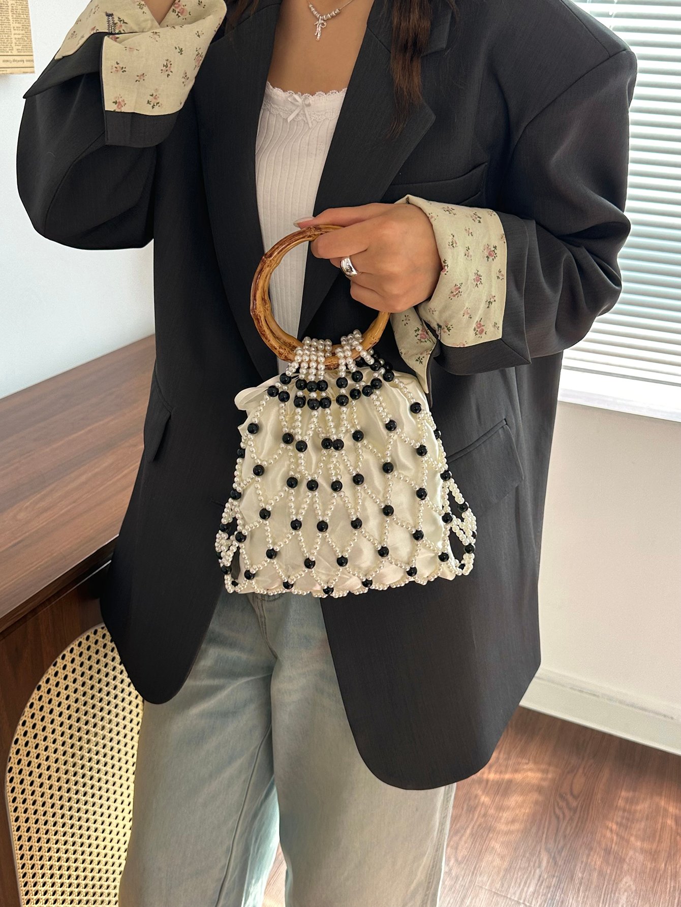 Off-White Pearl Embellished Tote Bag with Round Handle