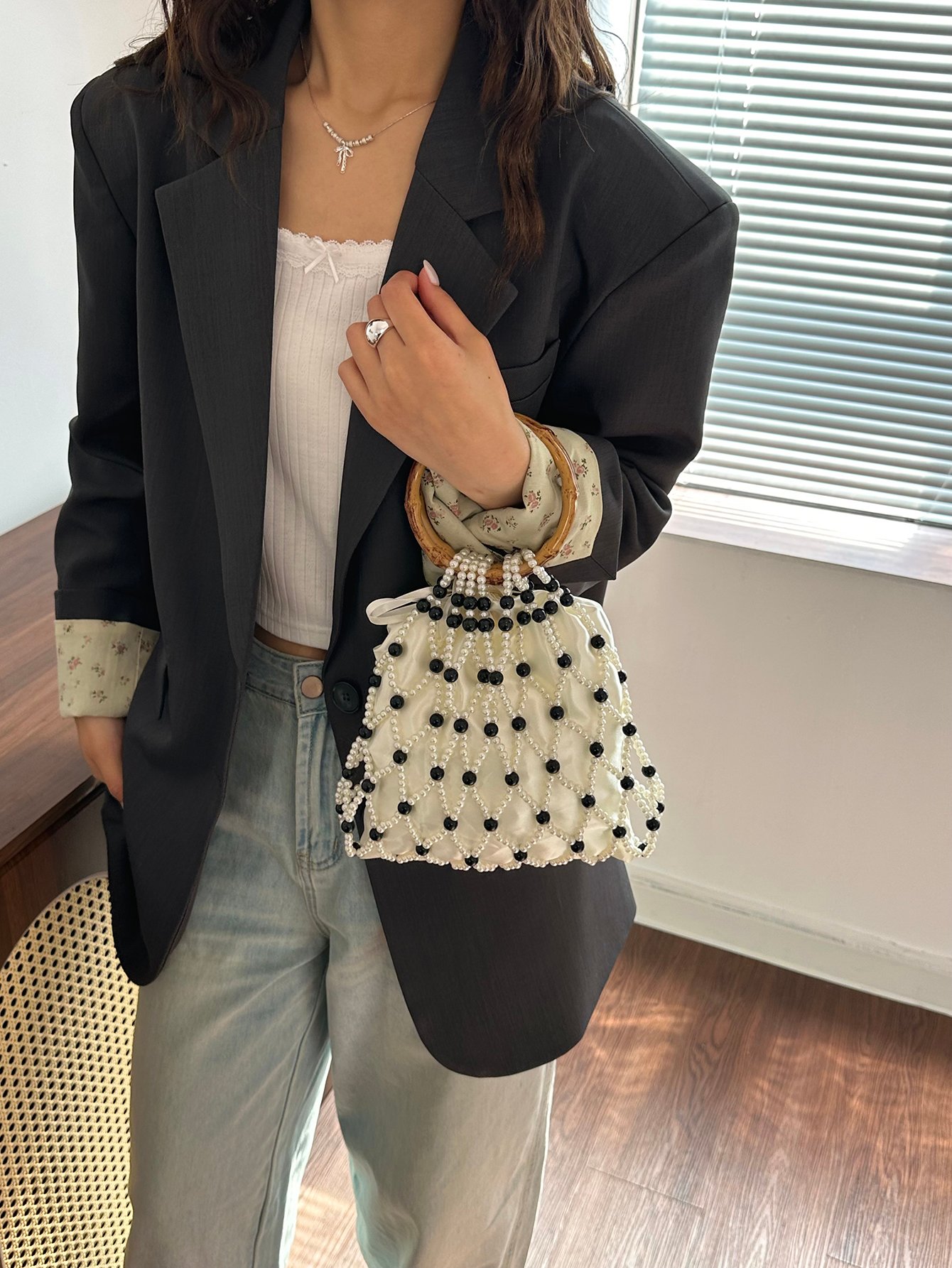 Off-White Pearl Embellished Tote Bag with Round Handle