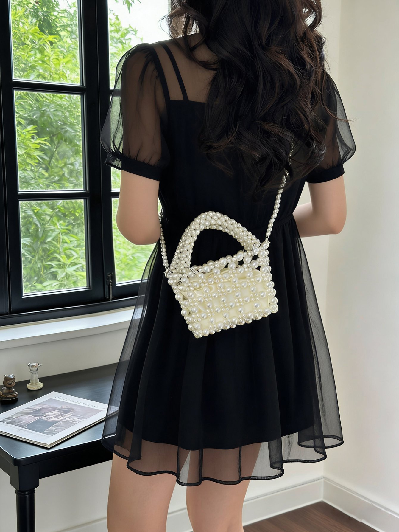 Pearl Embellished Off-White Crossbody Bag