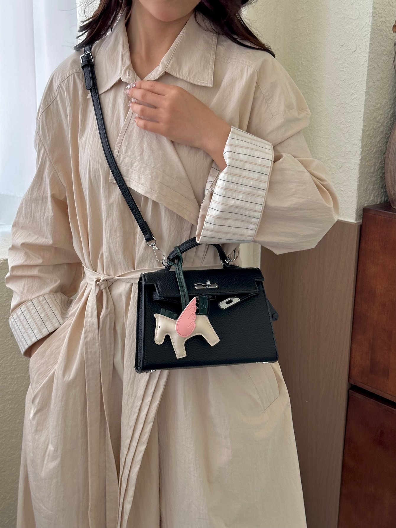 Black Crossbody Bag with Pegasus Charm