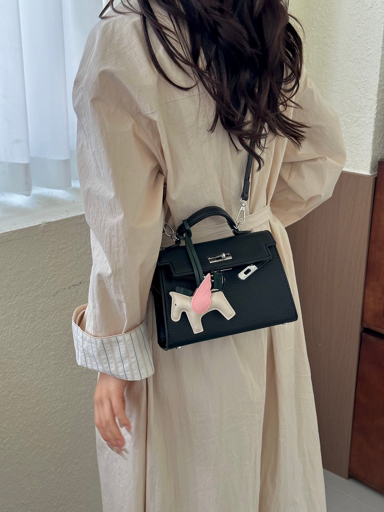 Black Crossbody Bag with Pegasus Charm