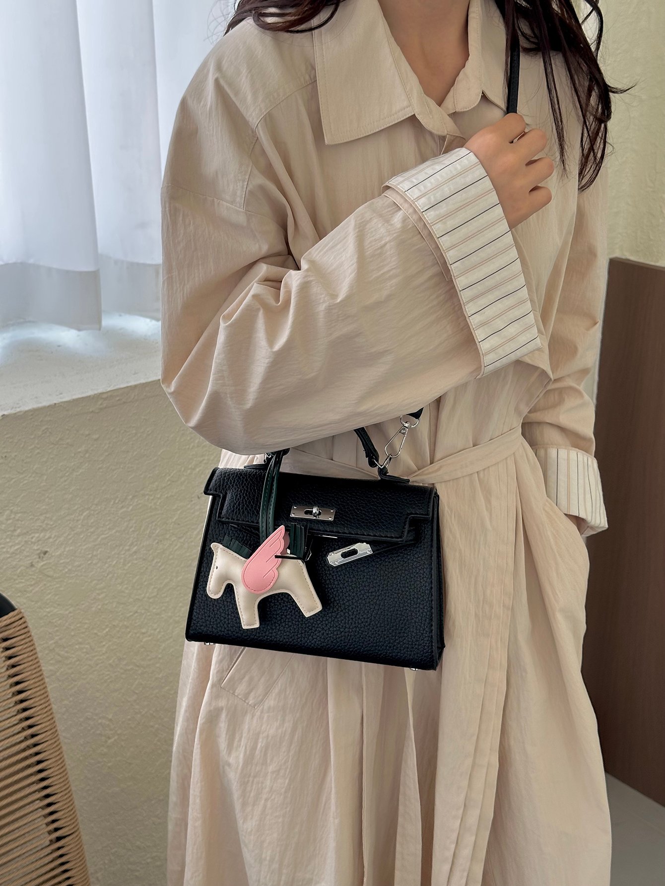 Black Crossbody Bag with Pegasus Charm