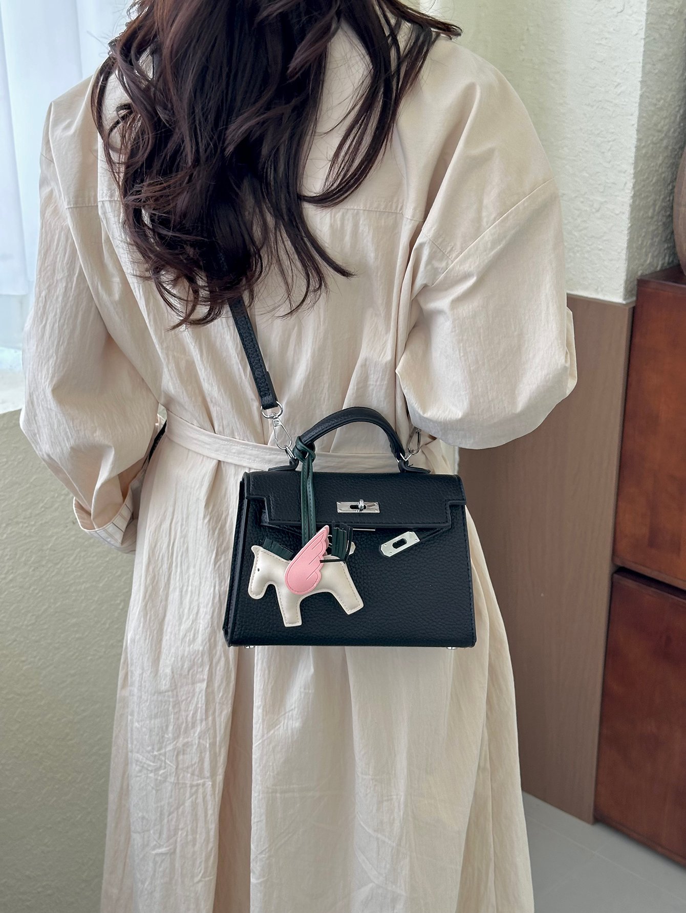 Black Crossbody Bag with Pegasus Charm