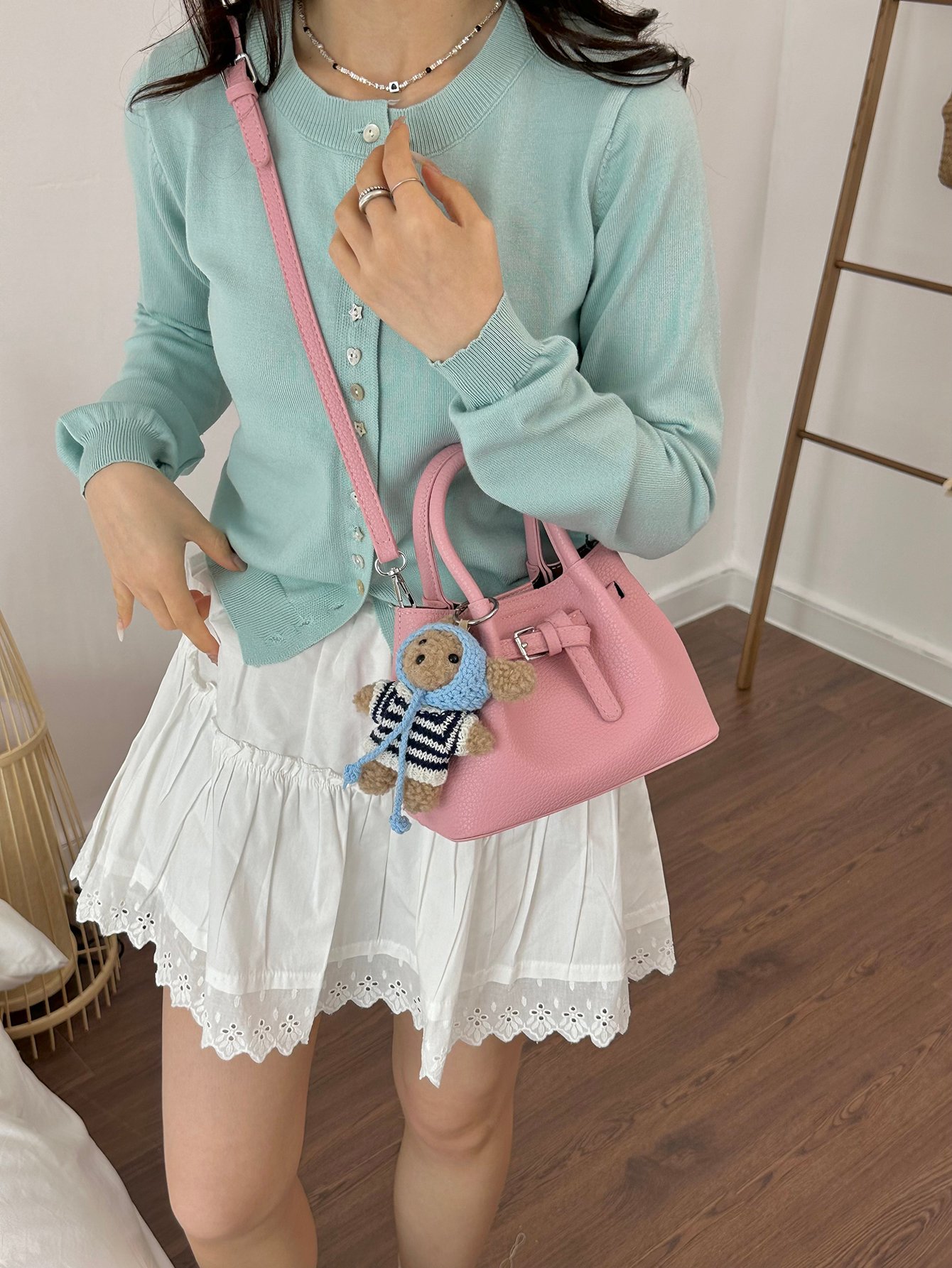 Pink Textured Crossbody Bag with Buckle Detail