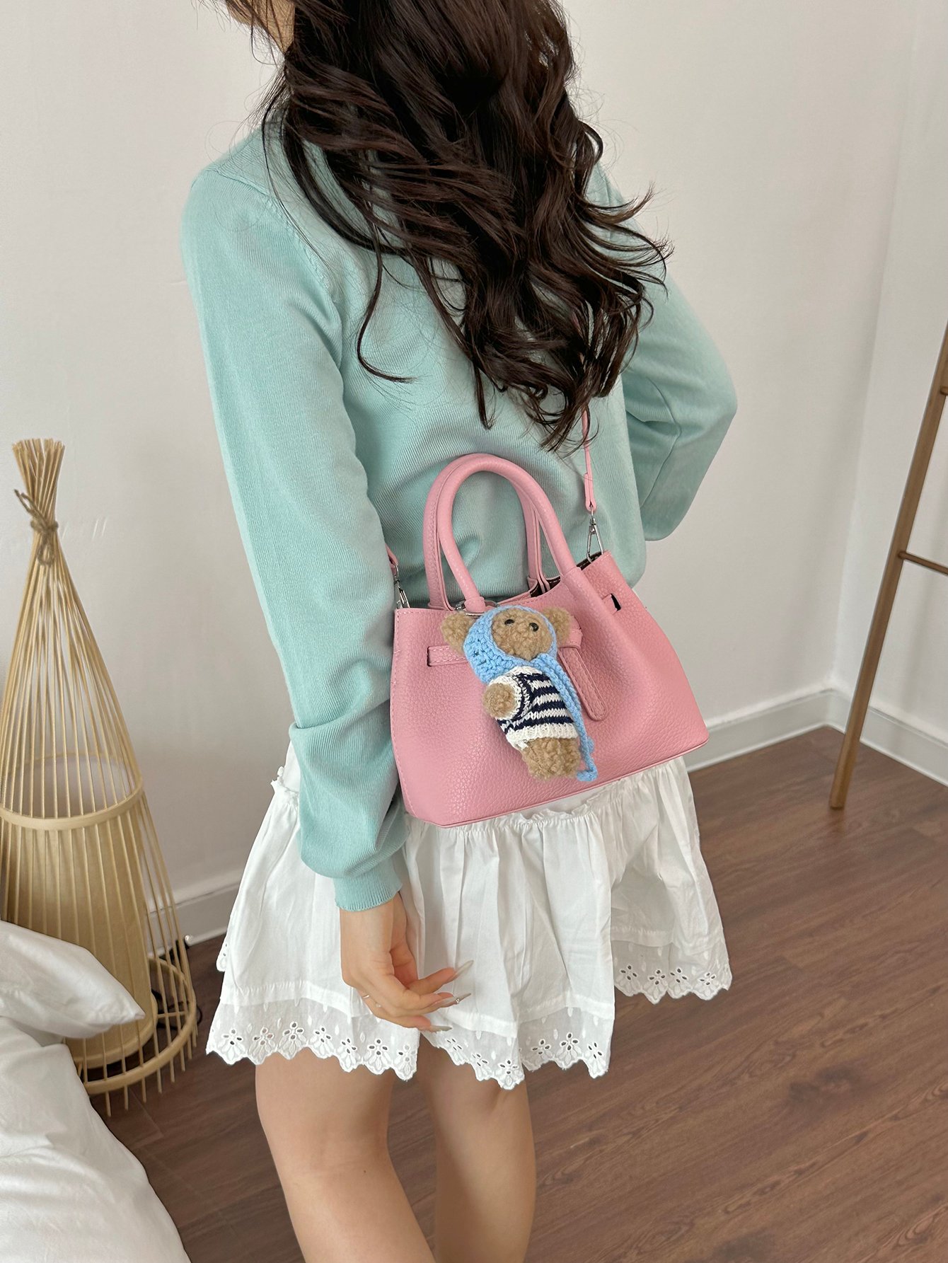 Pink Textured Crossbody Bag with Buckle Detail