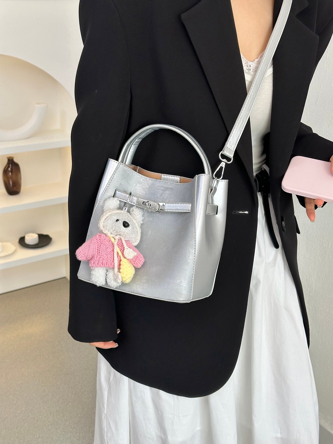 Silver Tote Crossbody Bag with Charm