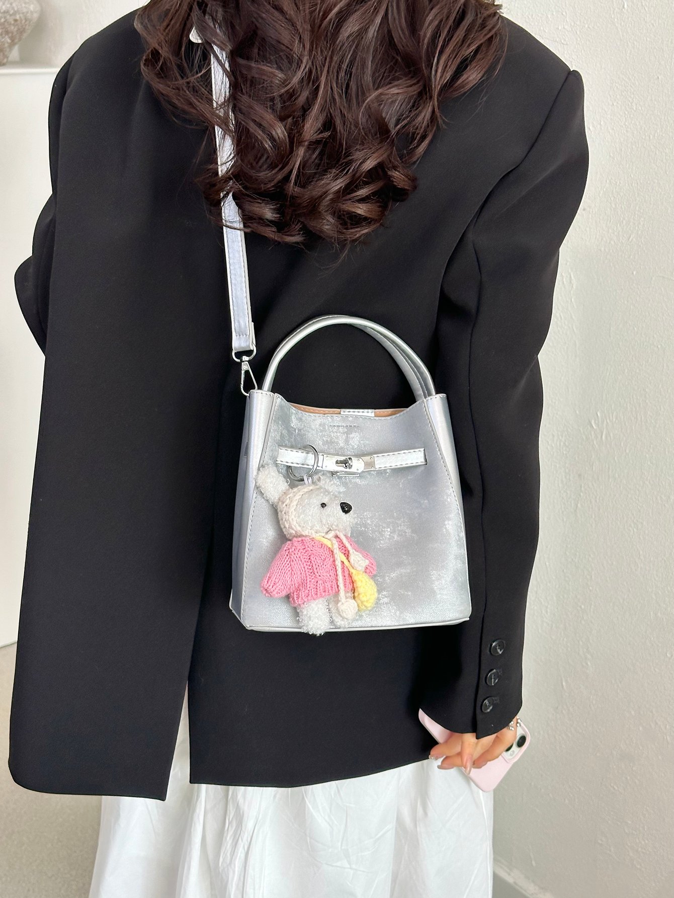 Silver Tote Crossbody Bag with Charm