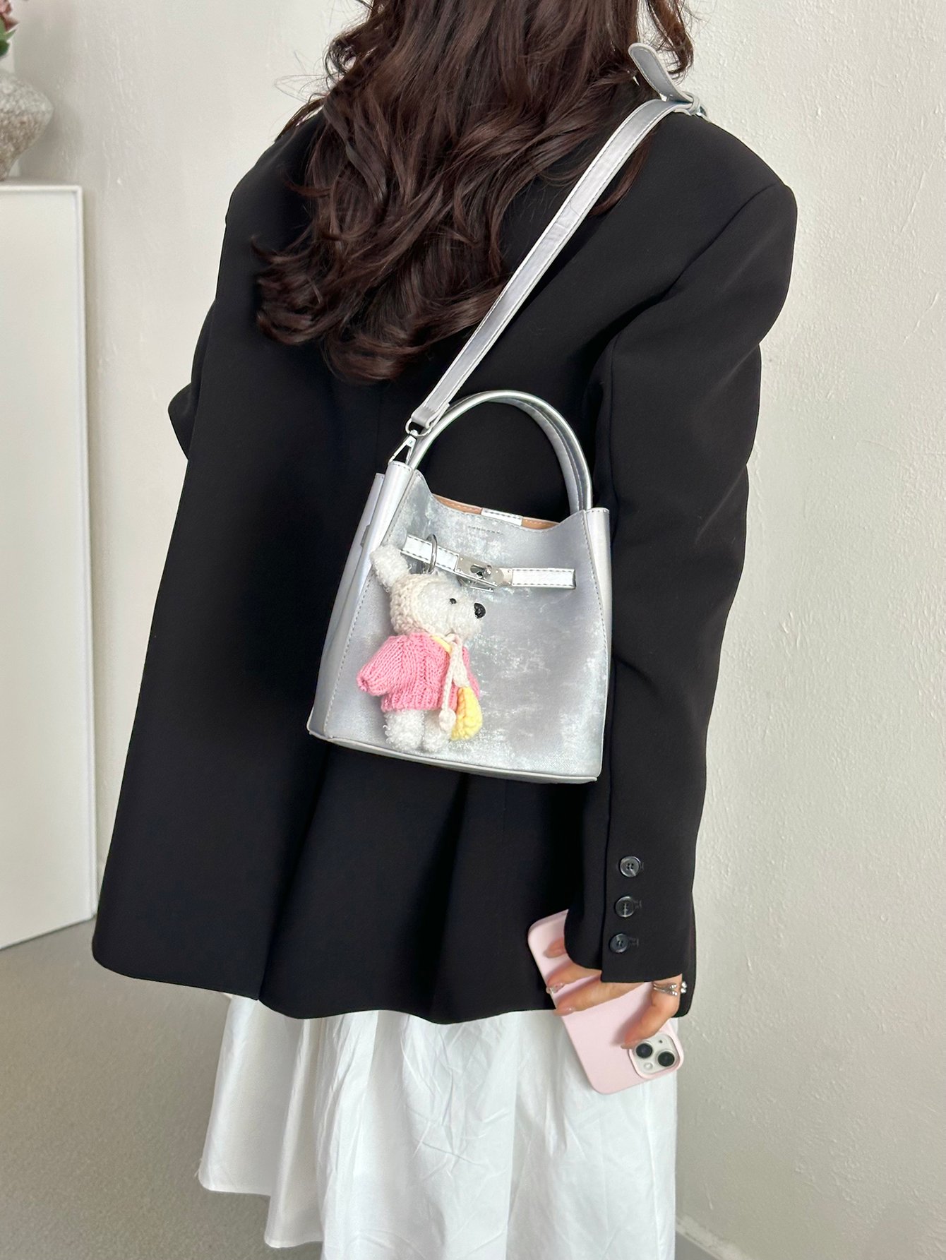 Silver Tote Crossbody Bag with Charm