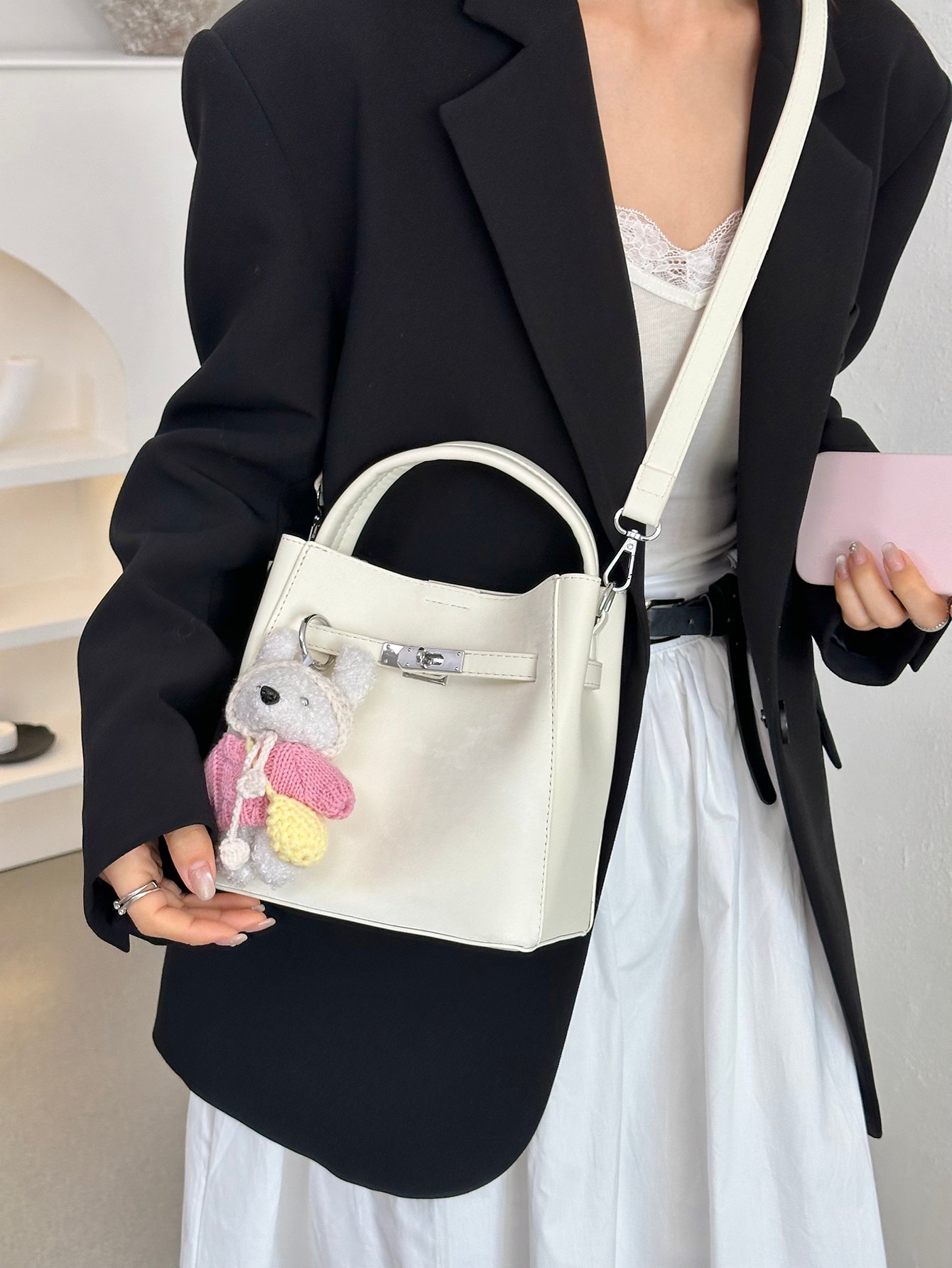 Off-White Crossbody Bag with Charm