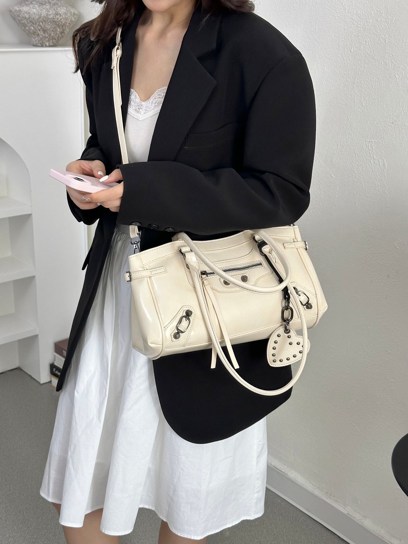 Off-White Tote Shoulder Bag with Charm