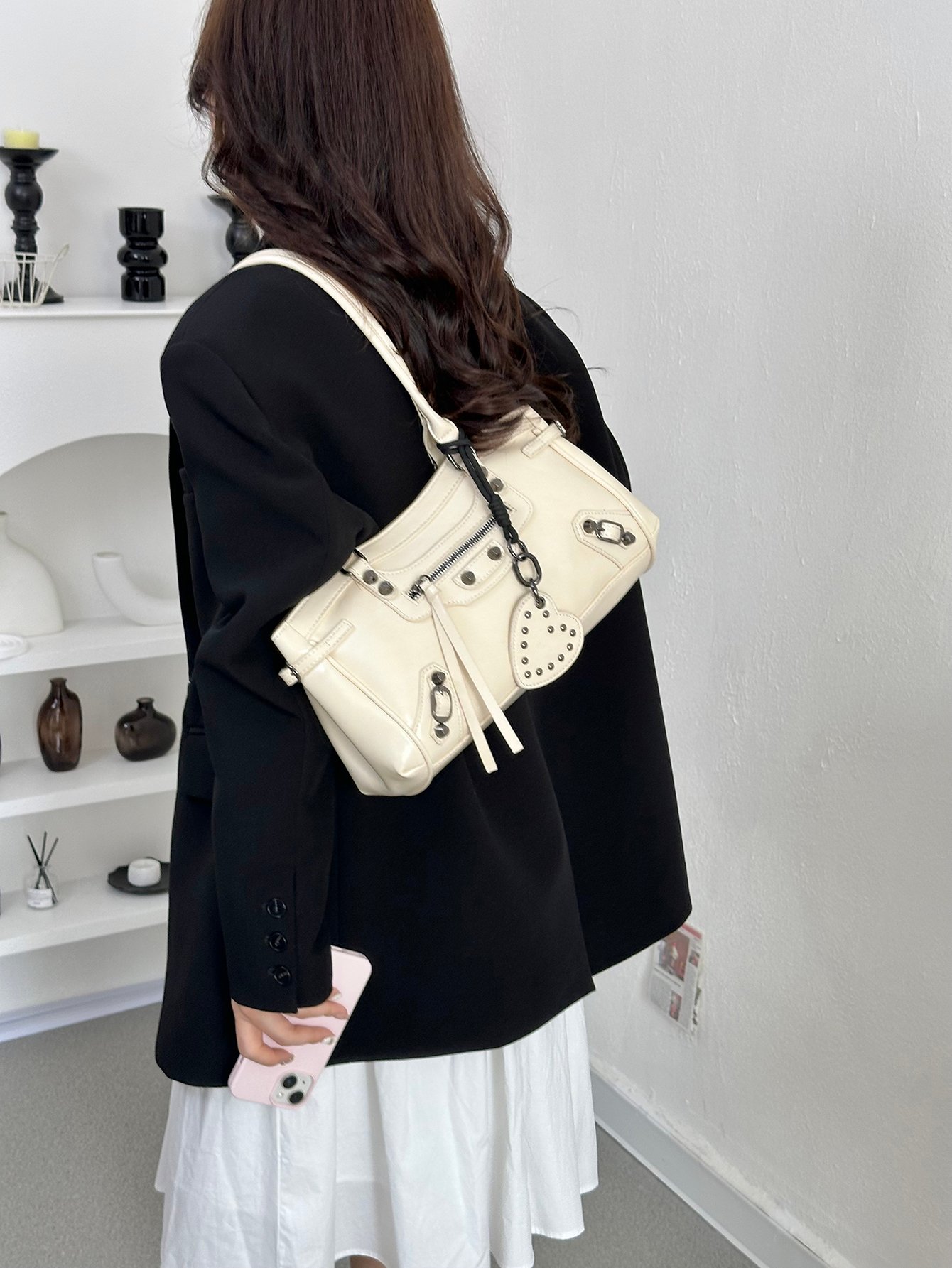 Off-White Tote Shoulder Bag with Charm