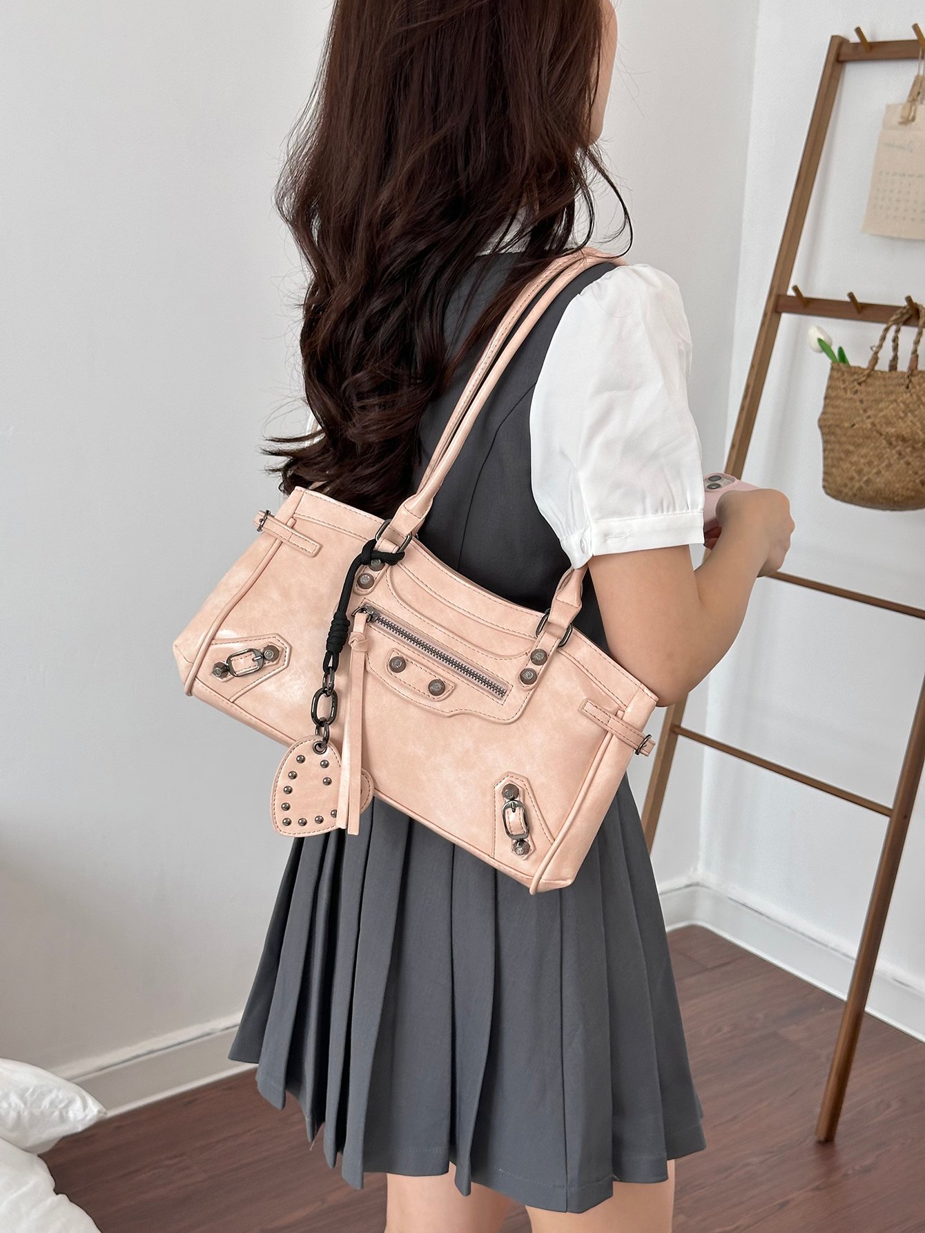 Pink Tote Bag with Studded Heart Charm