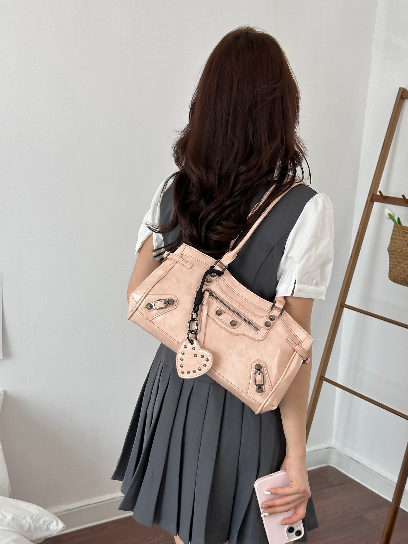 Pink Tote Bag with Studded Heart Charm